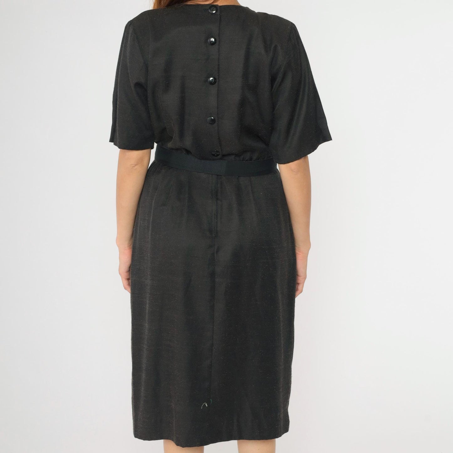 80s Black Midi Dress Button Back High Waist Belt Gold Buckle Medium Petite