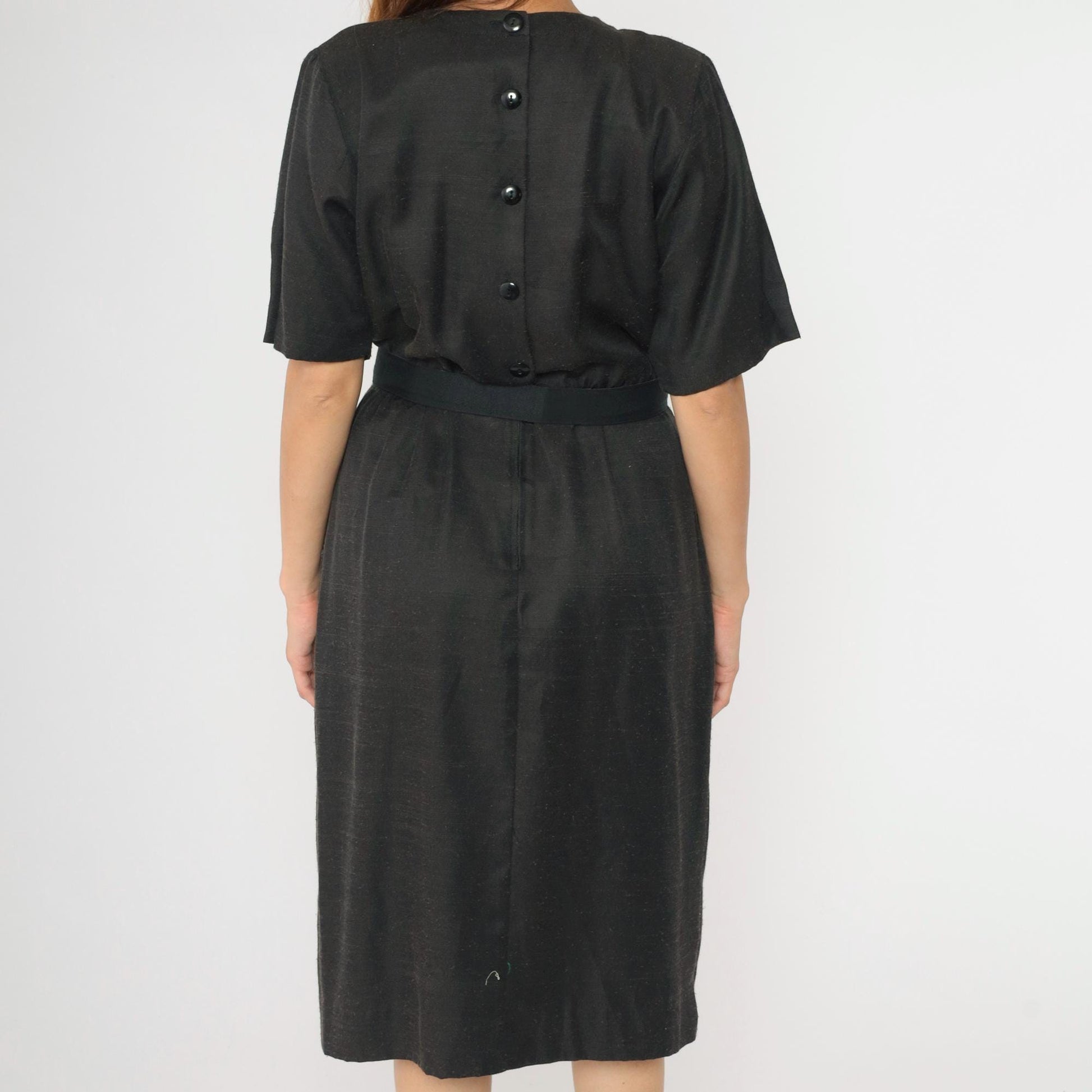 80s Black Midi Dress Button Back High Waist Belt Gold Buckle Medium Petite