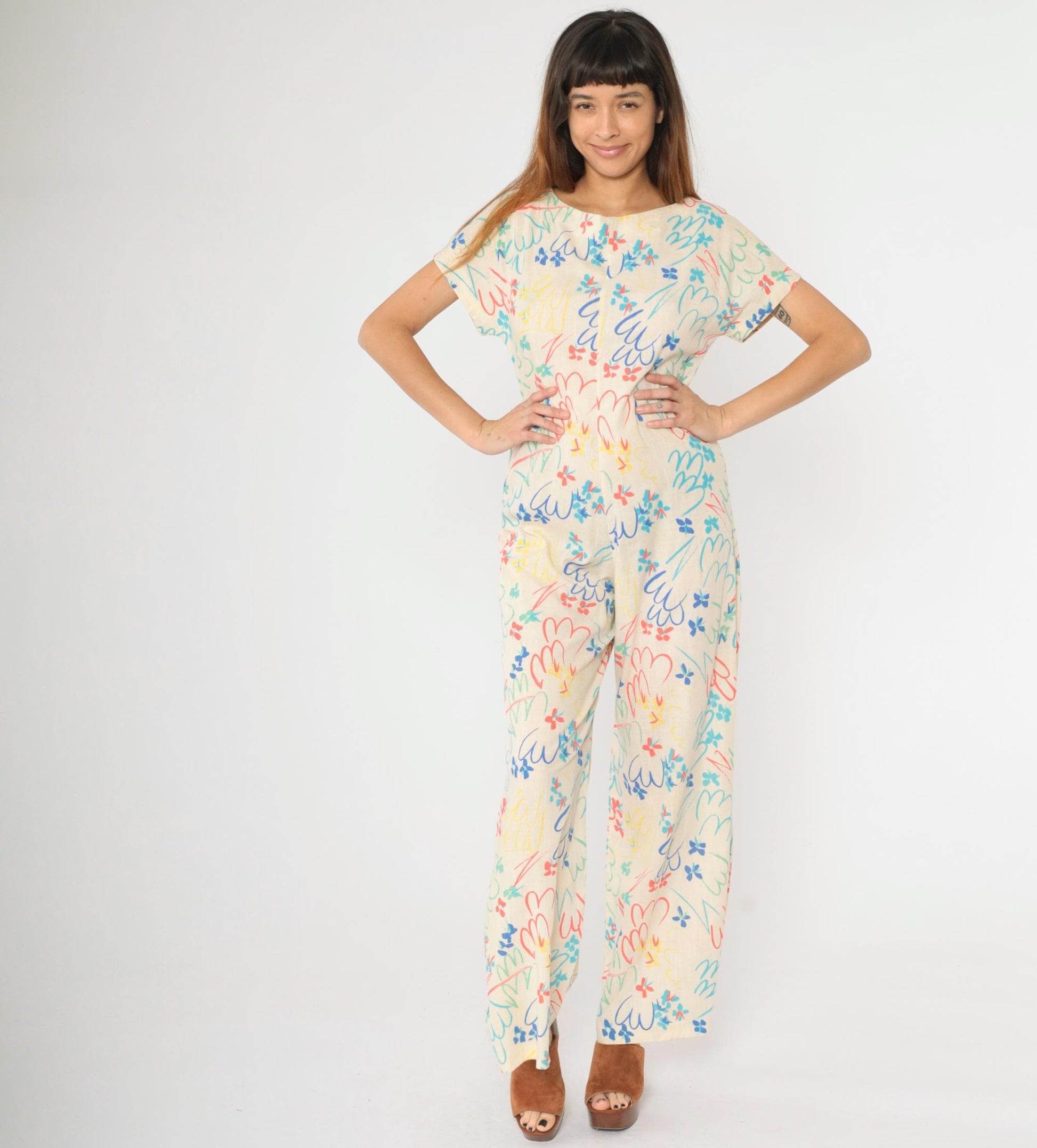 70s Floral Wide Leg Jumpsuit Off-White Short Sleeve Zip Back Small Medium