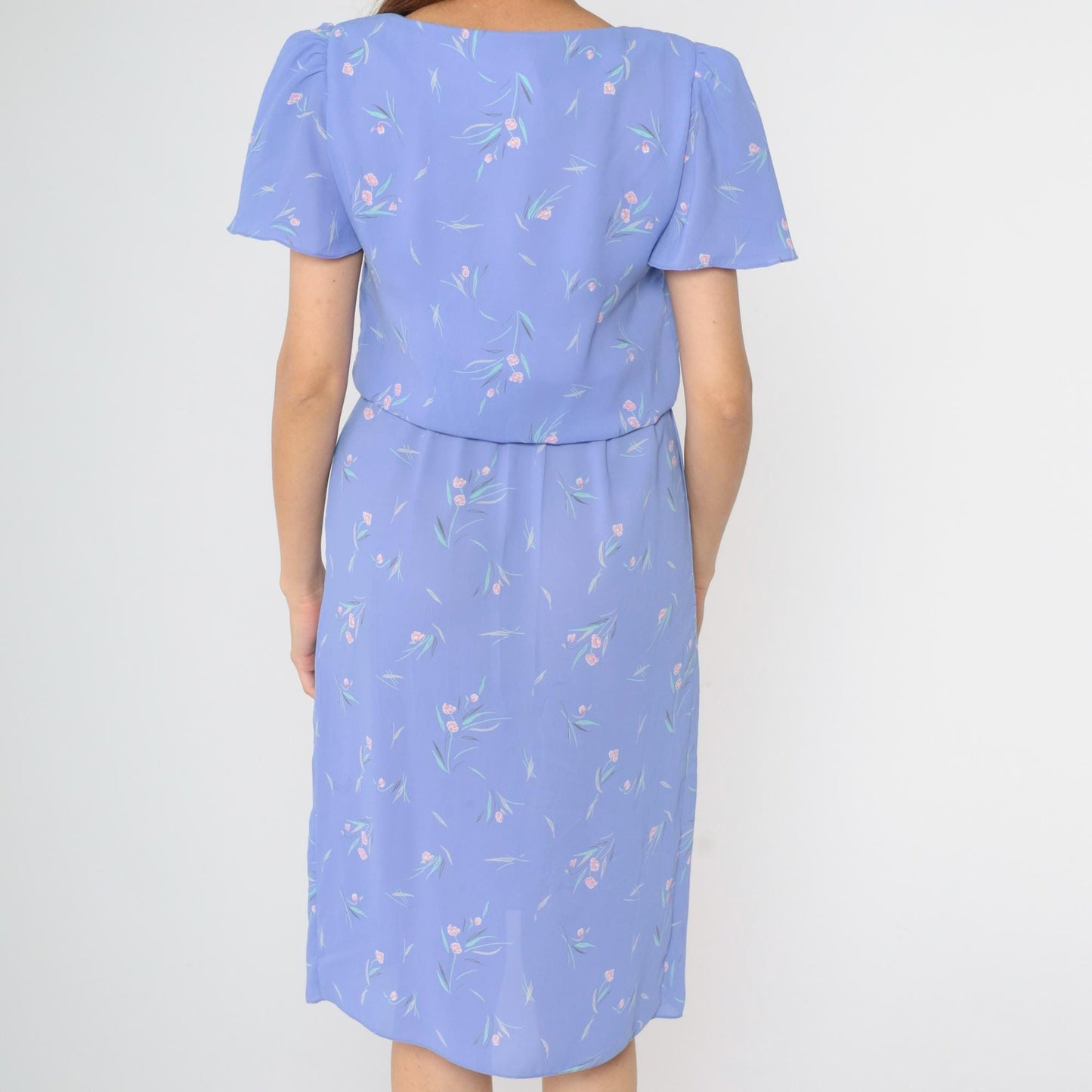 1970s Lavender Floral Midi Dress Flutter Sleeves Blouson Wrap Small