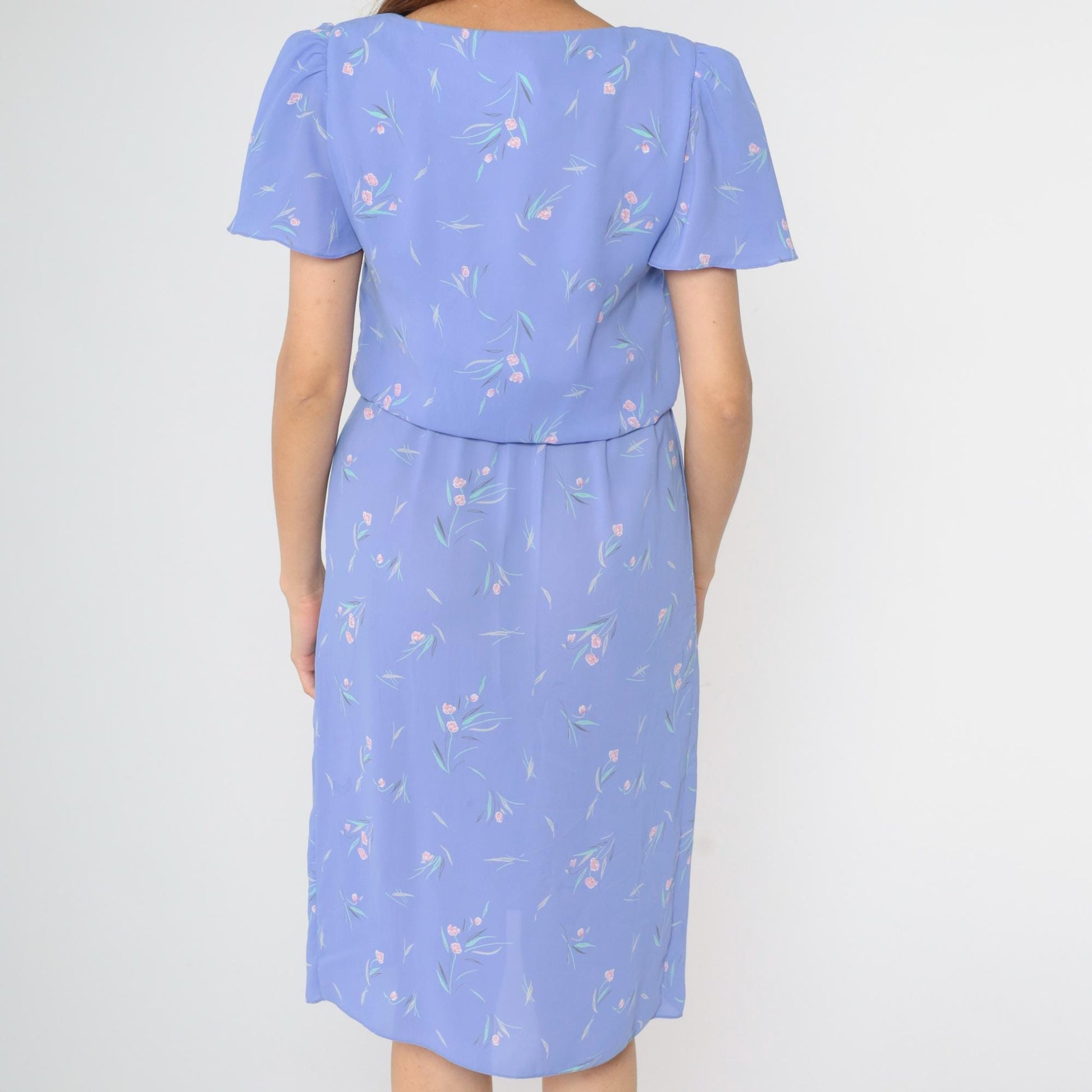 1970s Lavender Floral Midi Dress Flutter Sleeves Blouson Wrap Small