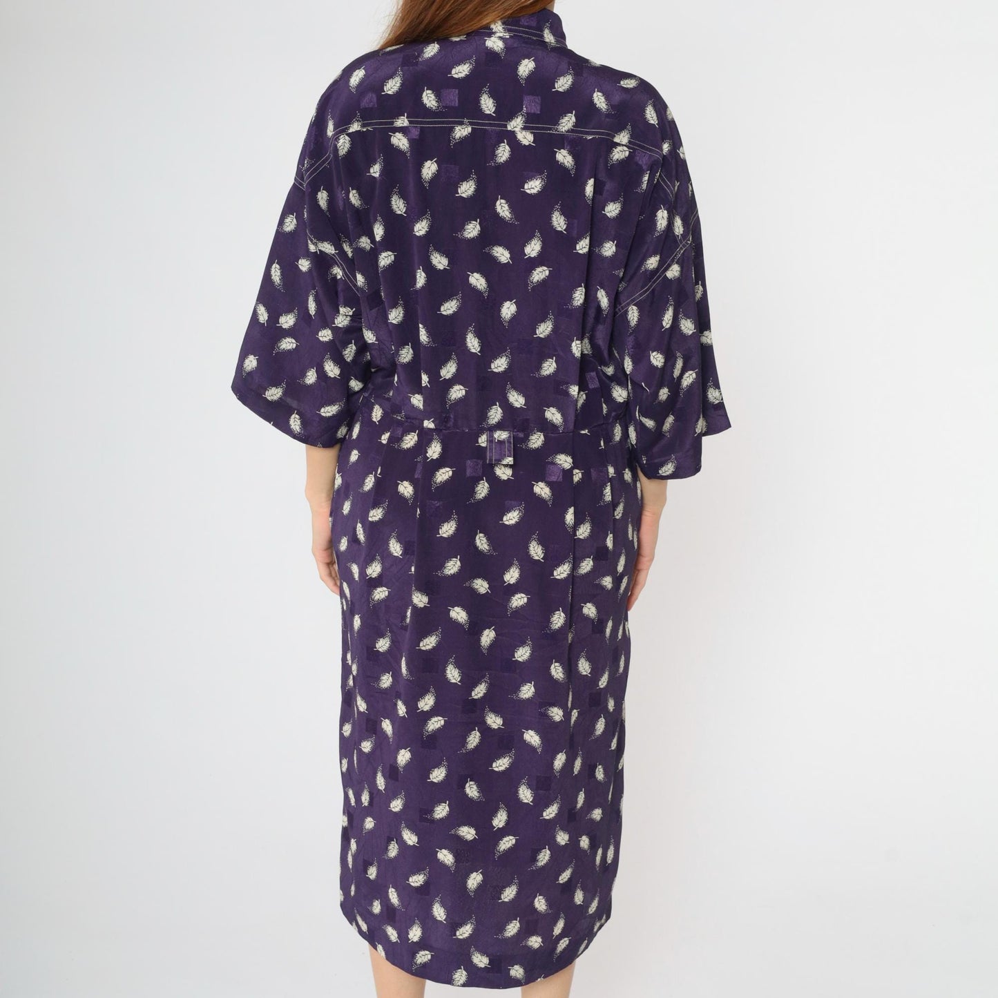 80s Leslie Fay Purple Leaf Embossed Grid Midi Shirtdress Large XL