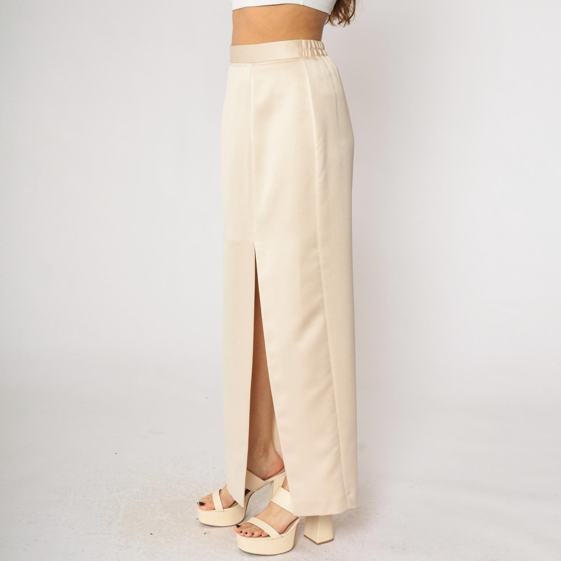 90s JR Nites Cream Satin Maxi Skirt High Front Slit Column Small