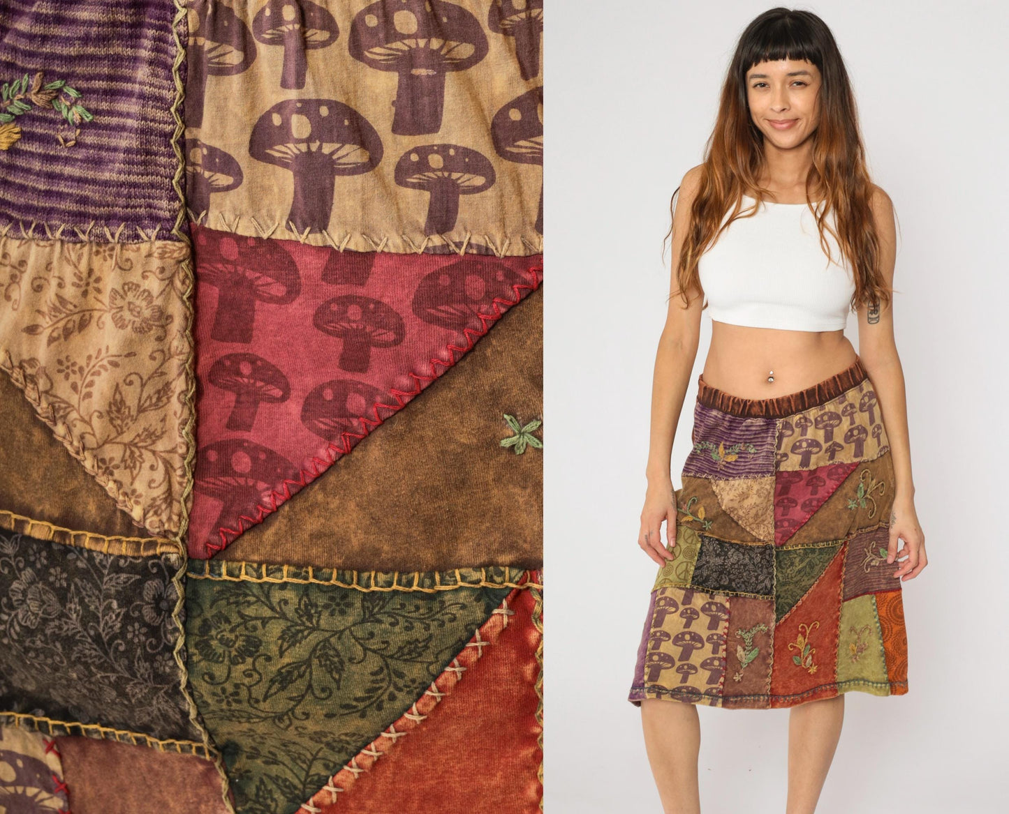 Y2K Patchwork Midi Skirt Brown Mushroom Floral Peace Sign Cotton Large L