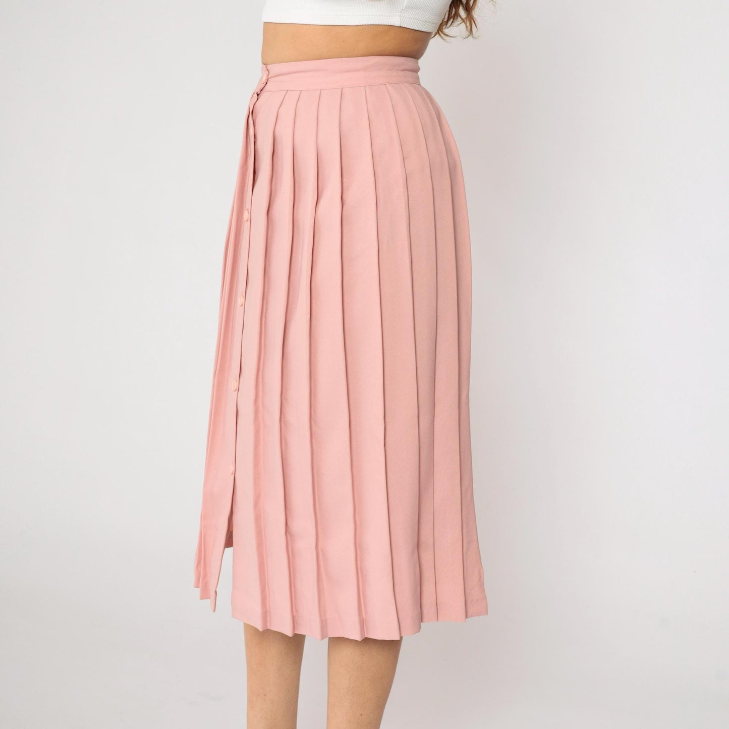 80s Nine to Five Pink Pleated Midi Skirt Button Front High Waist Small
