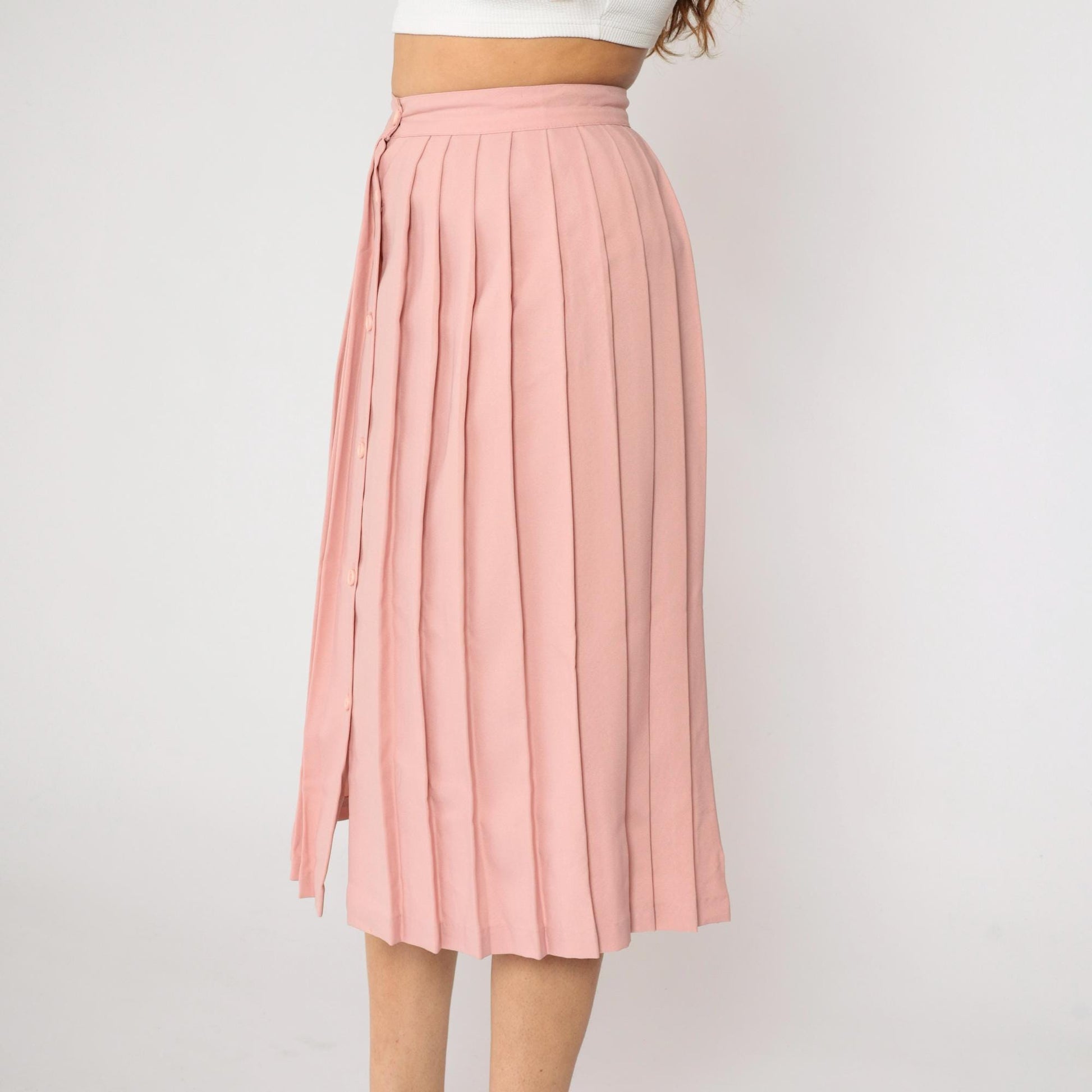 80s Nine to Five Pink Pleated Midi Skirt Button Front High Waist Small