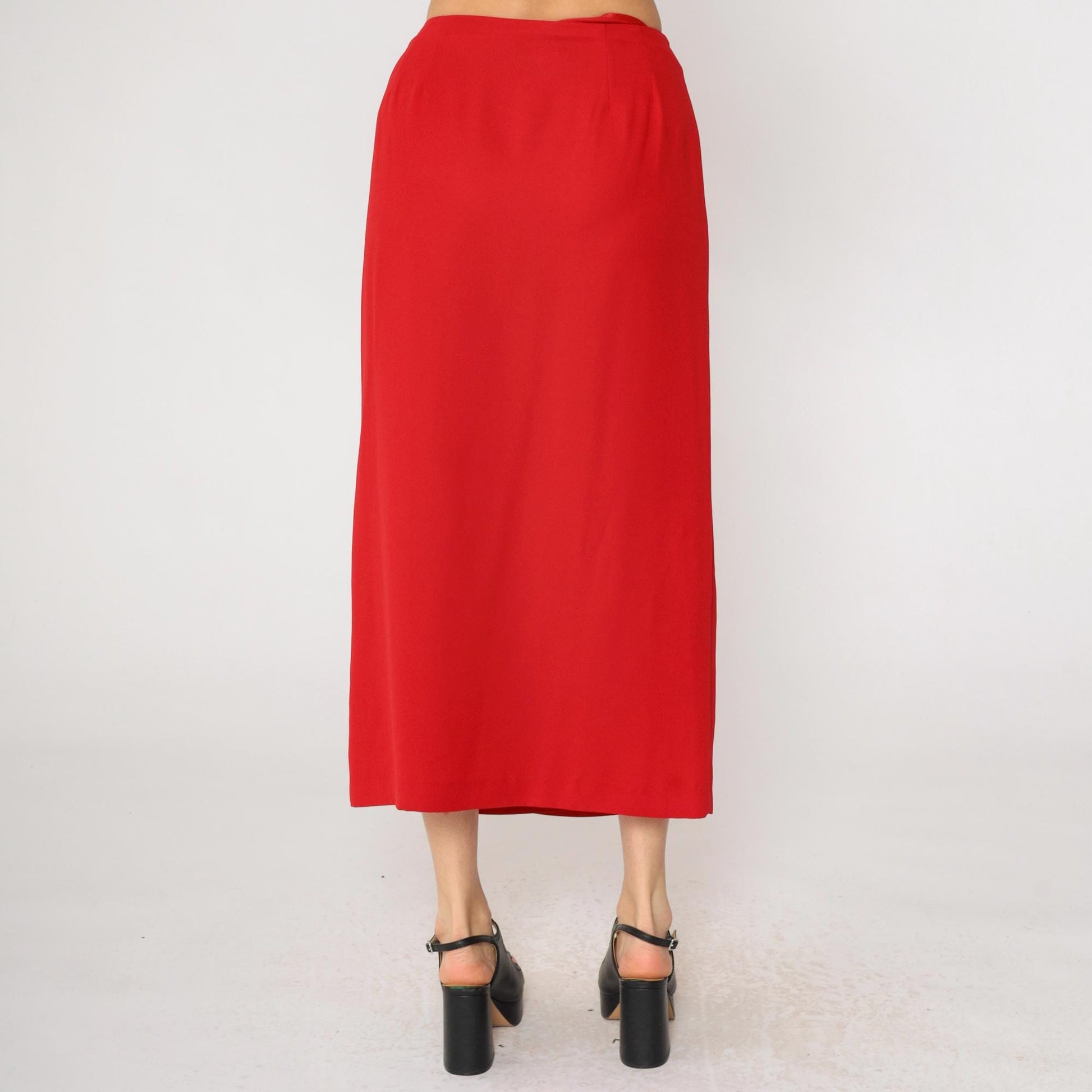90s Red Faux Wrap Skirt High Waist Straight Midi Ankle Length Medium 8