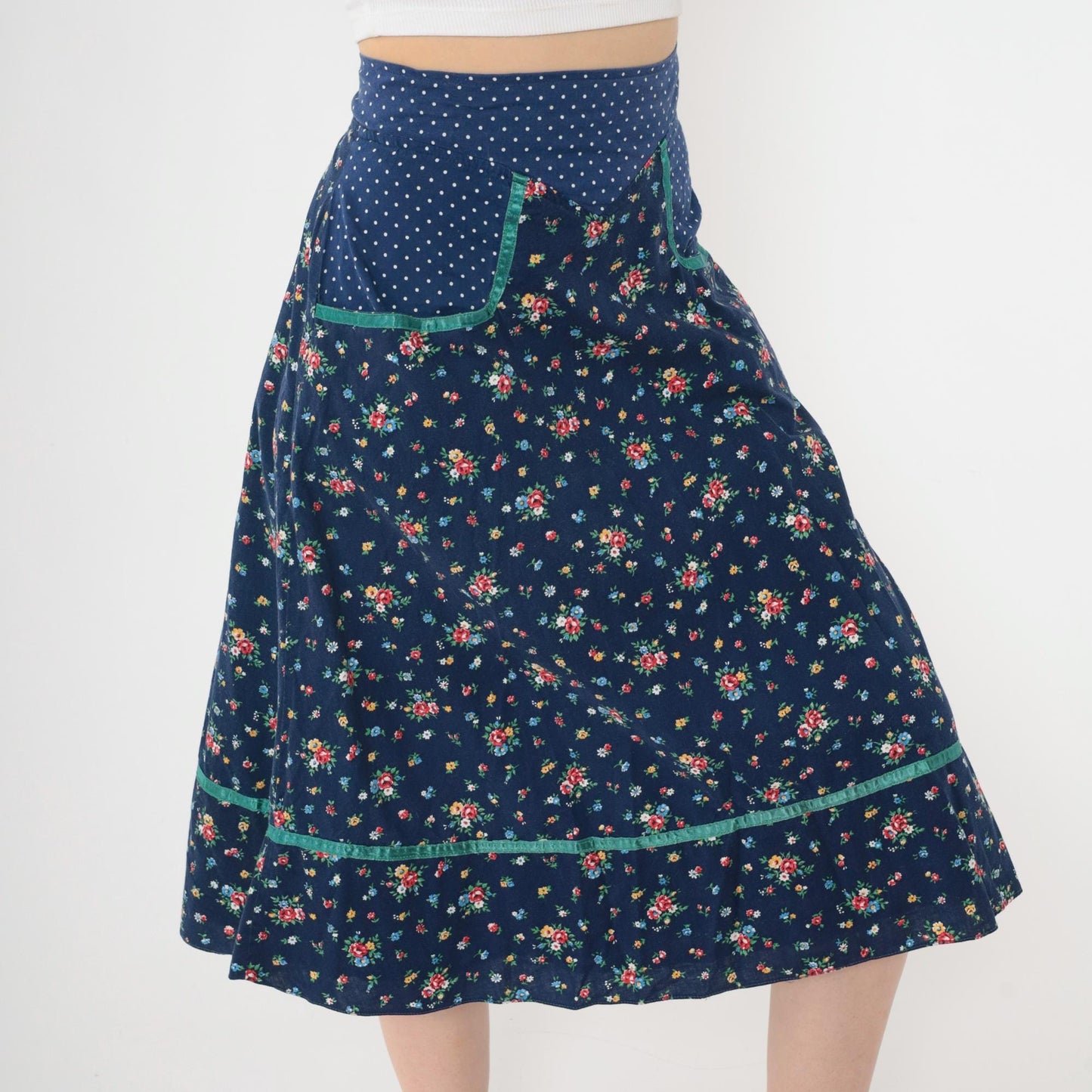 70s Gunne Sax Floral Midi Skirt Blue Polka Dot Calico Small
