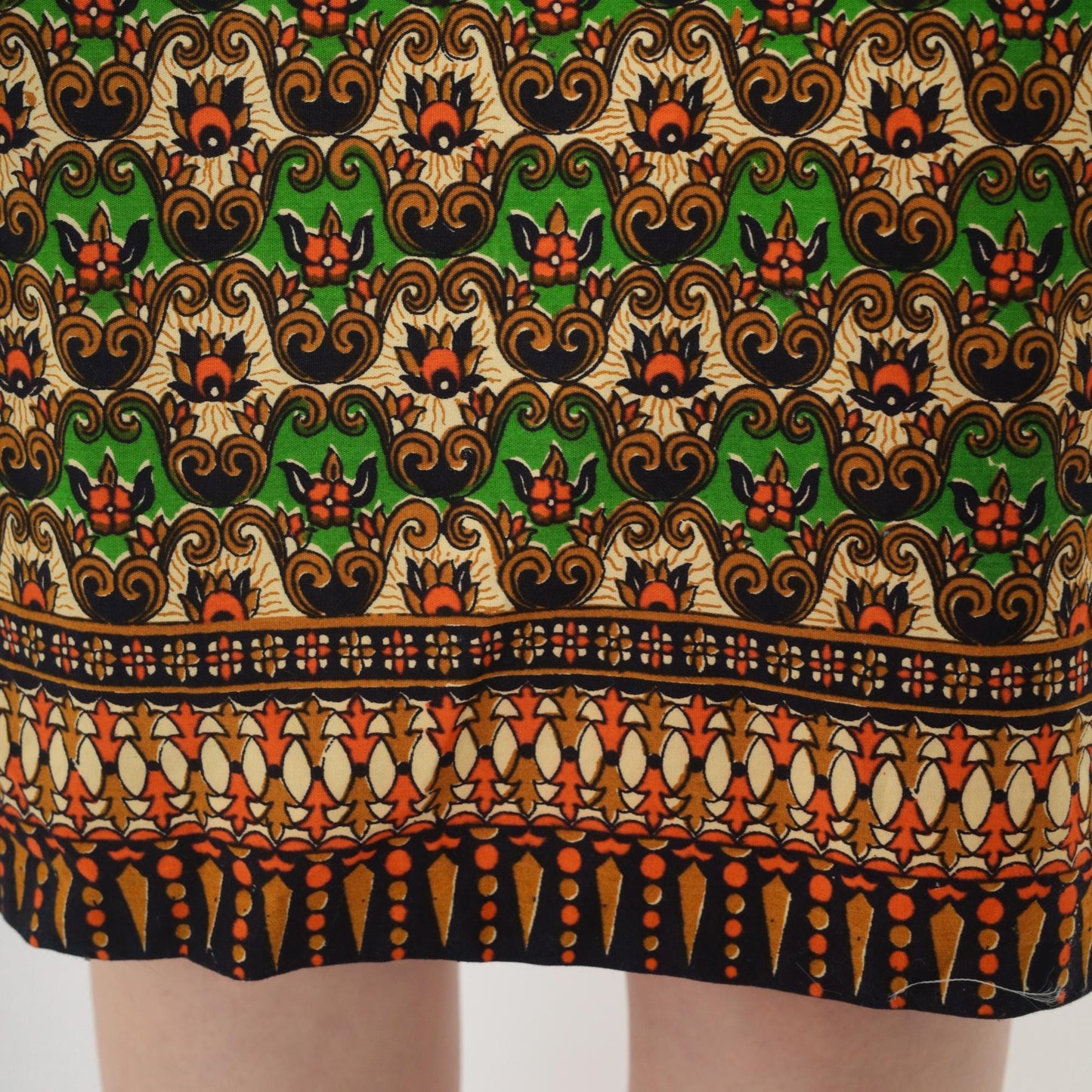 70s Cheongsam-Style Dress Green Batik Floral Print Mandarin Collar Midi XS
