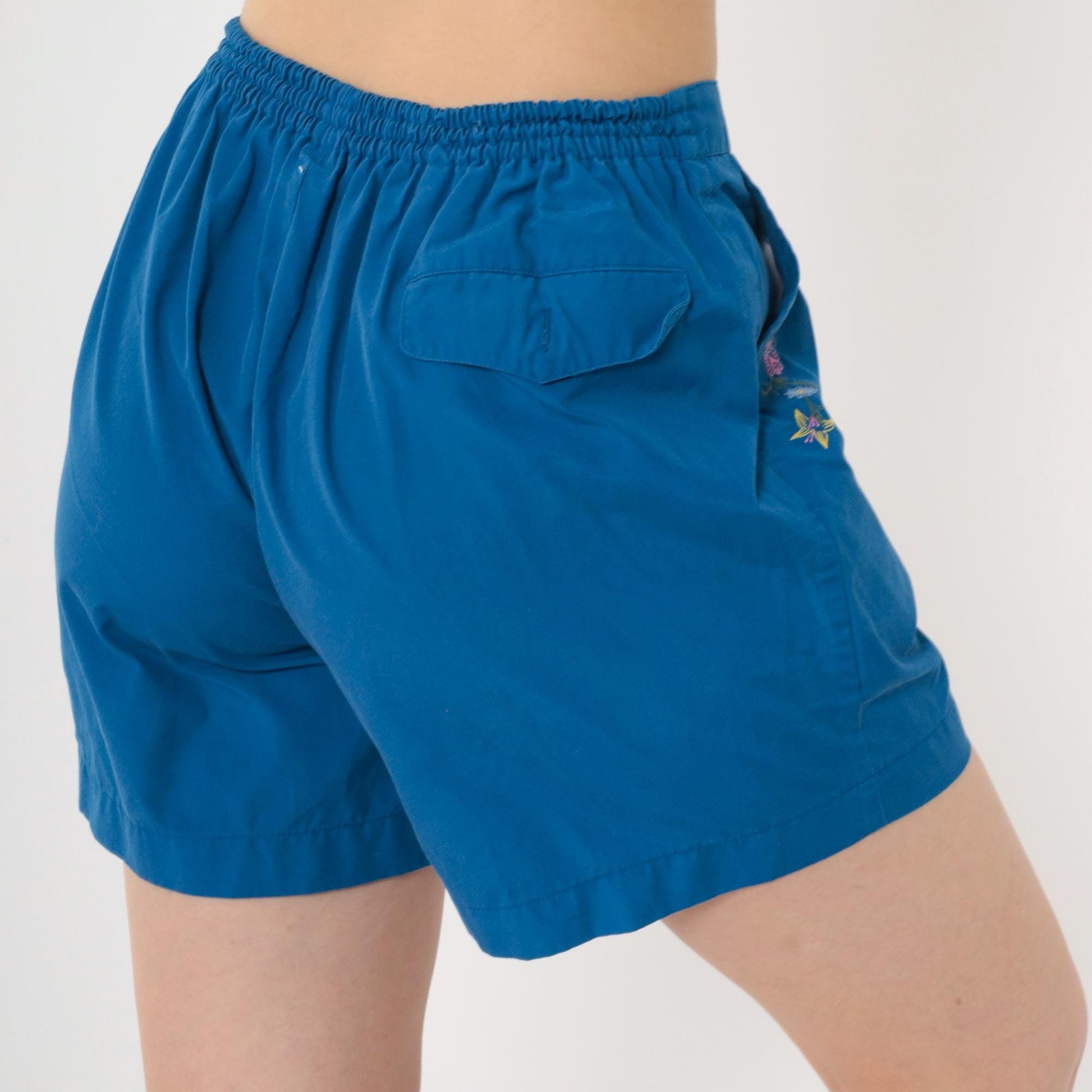80s Blue Floral Embroidered High-Waist Shorts Pleated Elastic Waist Small