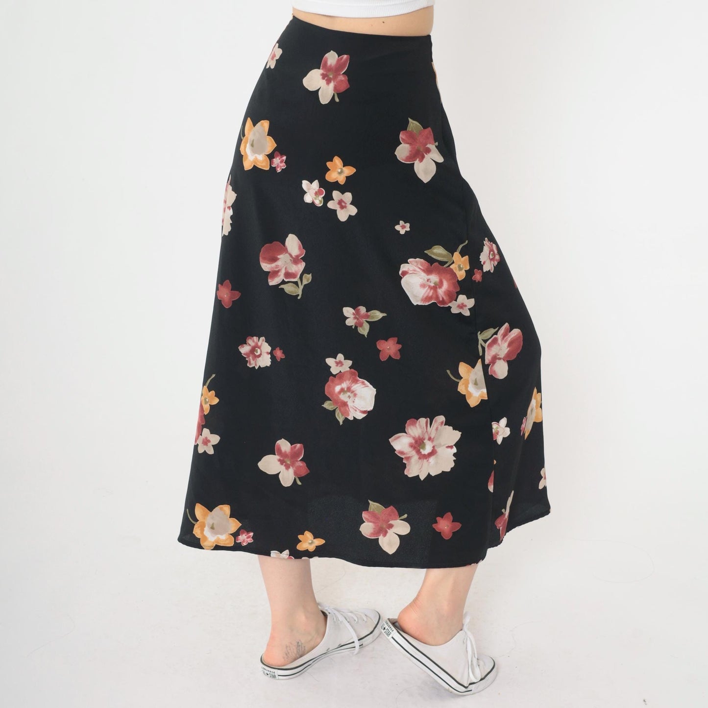 90s Black Floral Midi Skirt Red Yellow Print High Waist Extra Small XS