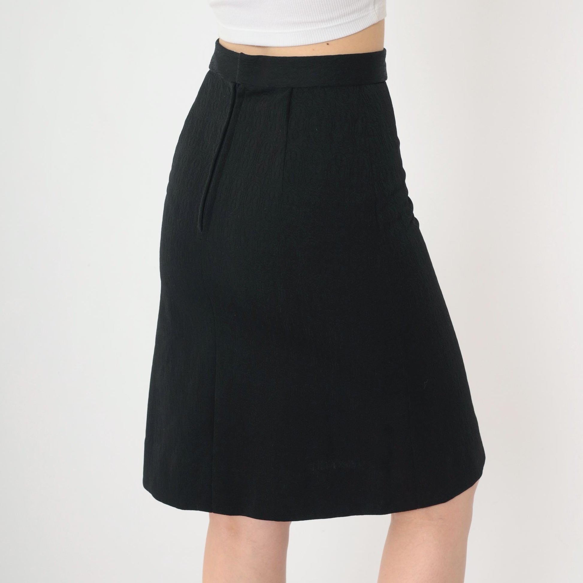 70s Black Geometric Textured Pencil Skirt High Waist Mini Extra Small