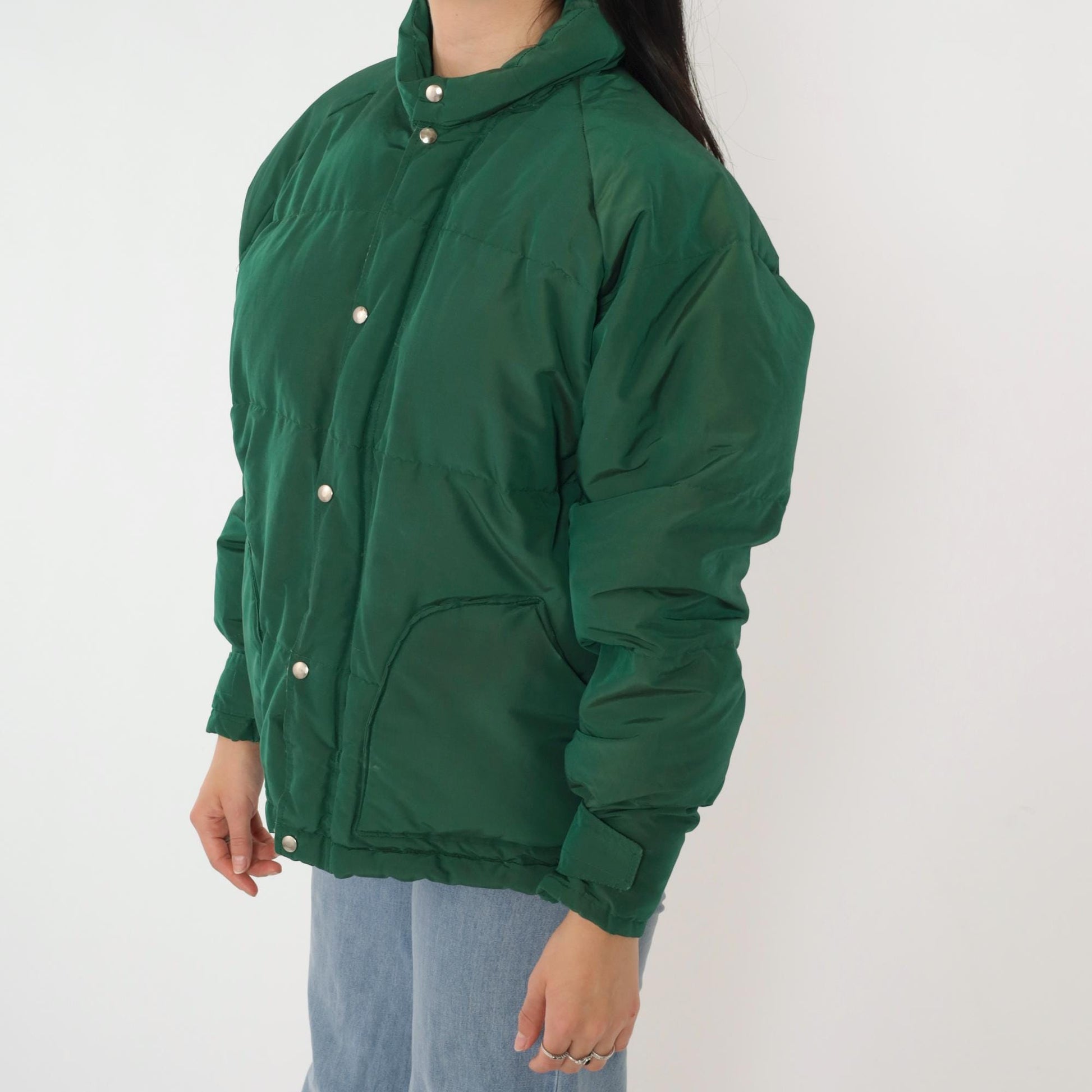 80s Green Down Puffer Jacket Nylon Ski Coat Snap Front Large L