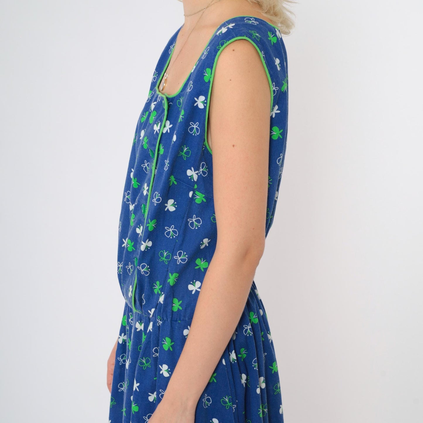 70s Butterfly Print Blue Midi Dress High Elastic Waist Sleeveless Large