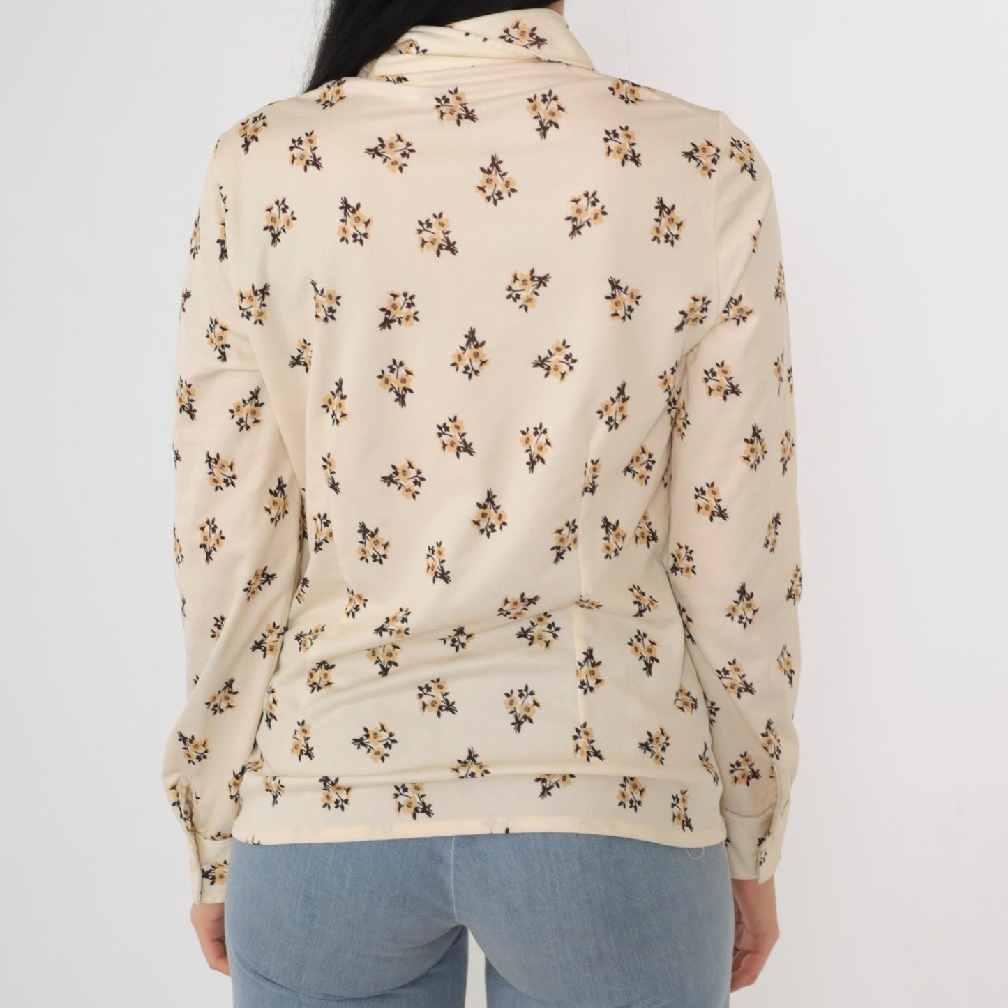 70s Floral Cream Button-Up Blouse Pointed Collar Long Sleeve Small