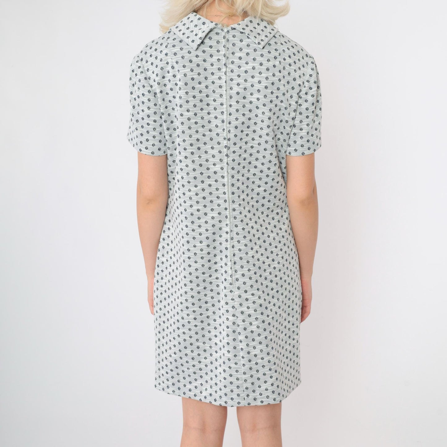60s Mod Shift Dress Mini Geometric Dot Print Grey Button-Up Medium M