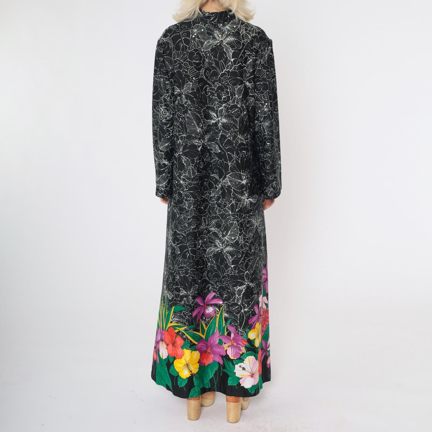 70s Black Floral Maxi Dress Hibiscus Print Front Zip Wide Sleeve Large L