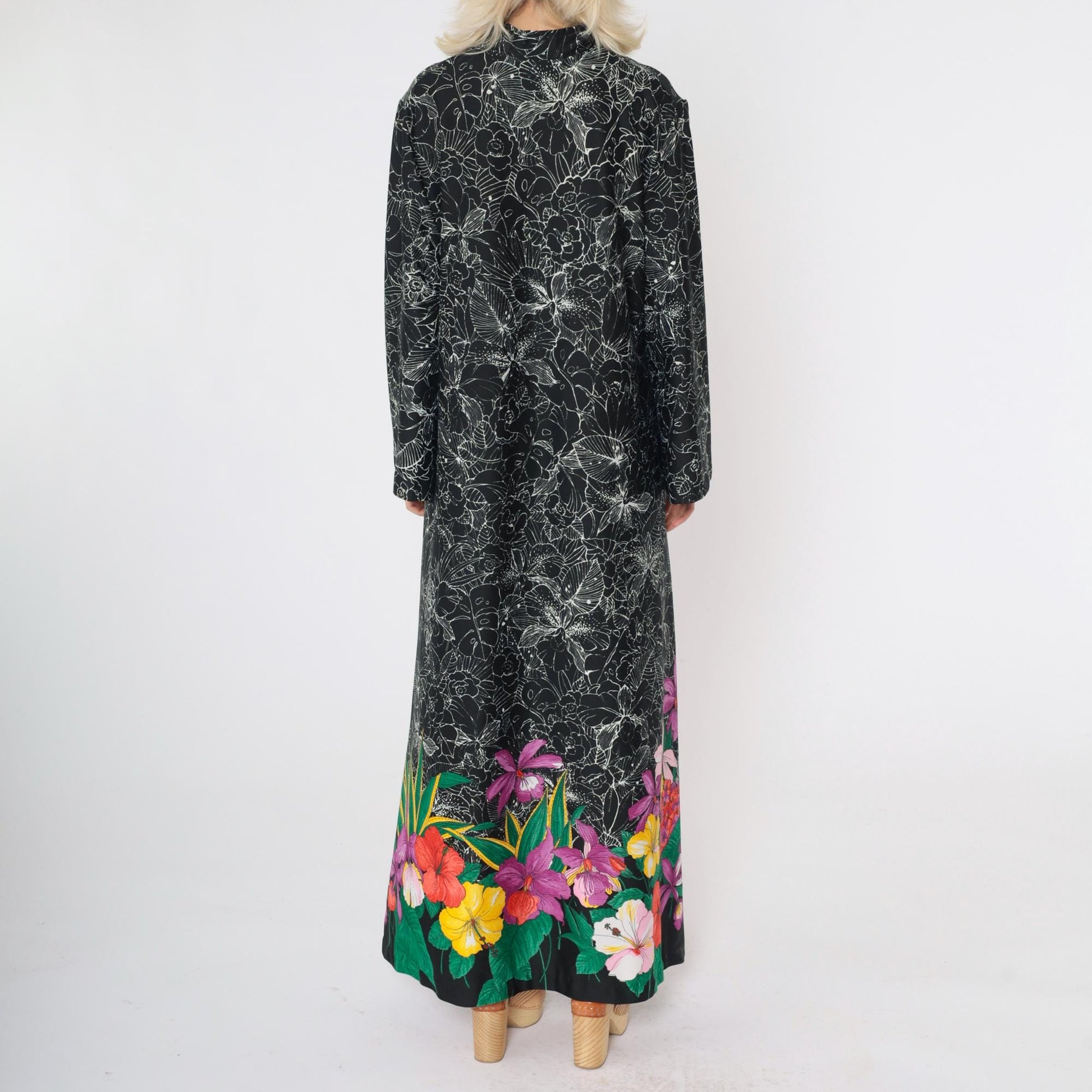 70s Black Floral Maxi Dress Hibiscus Print Front Zip Wide Sleeve Large L