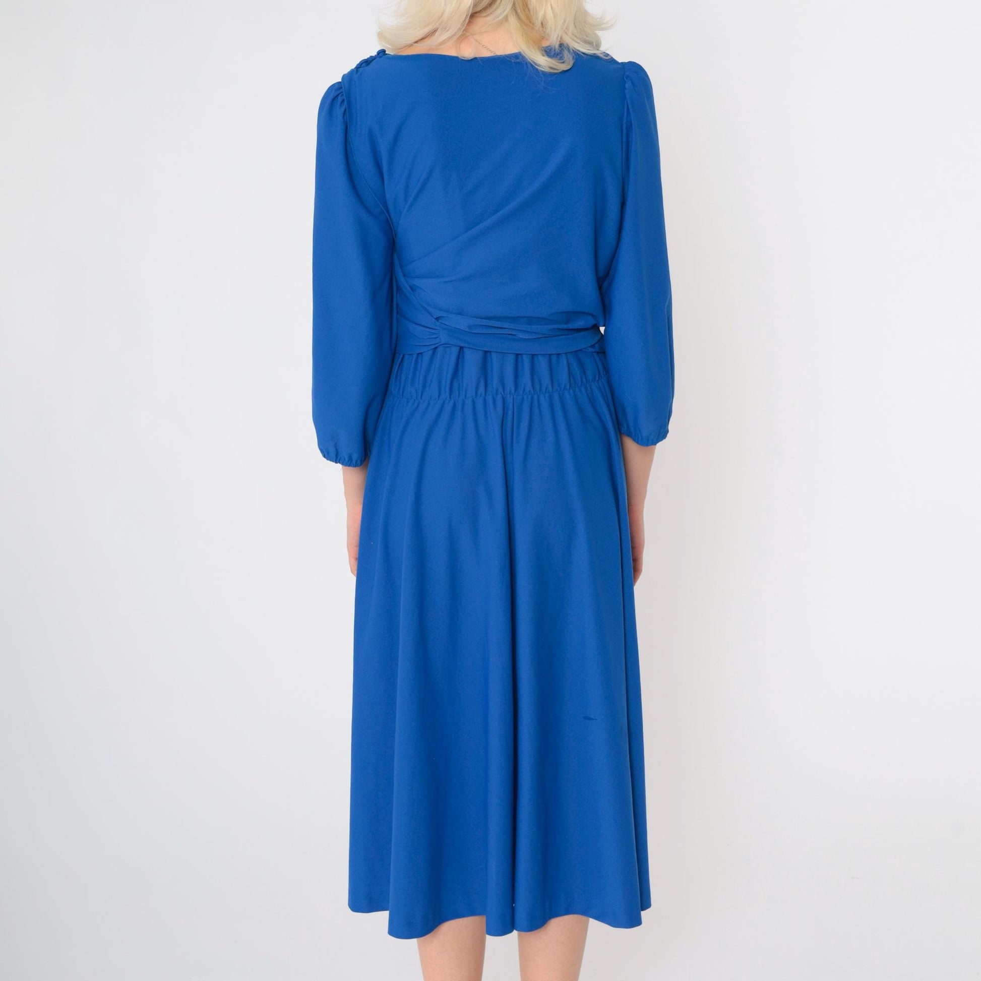80s Royal Blue Midi Dress Puff Sleeve Wrap Panel Elastic Waist Large L