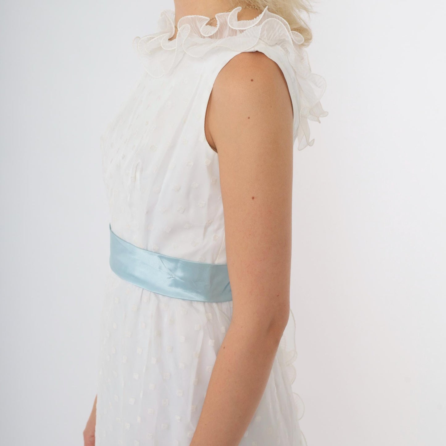60s White Maxi Dress Flocked Polka Dot Empire Waist Satin Bow Extra Small