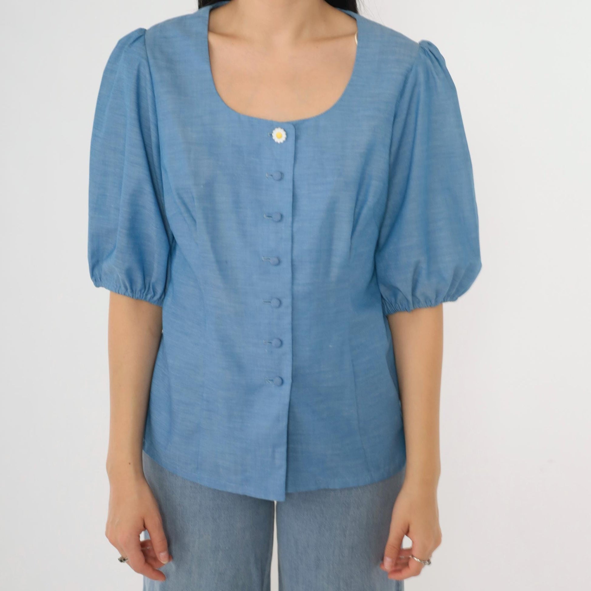 70s Alice of California Blue Puff Sleeve Button-Up Blouse Scoop Neck Small