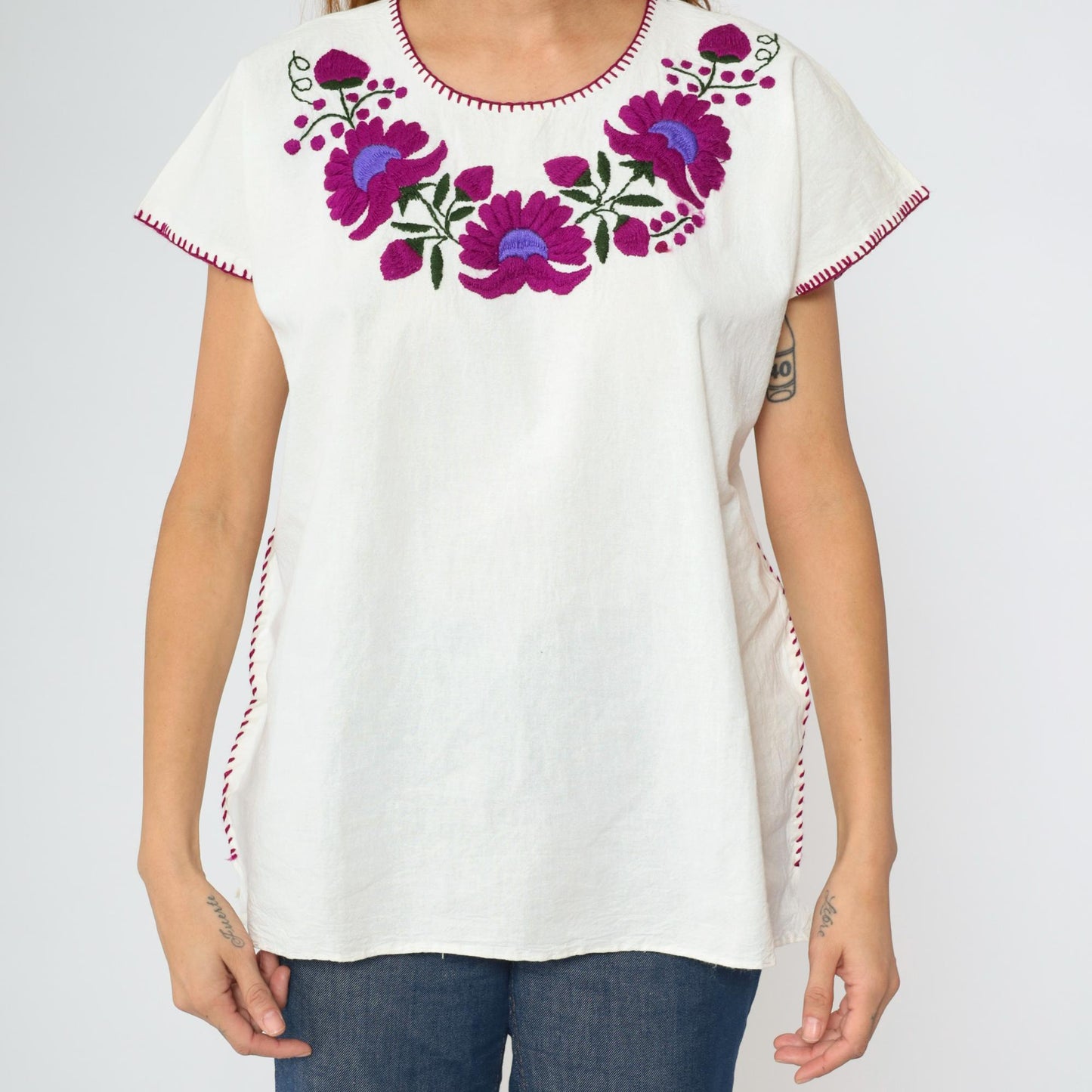 90s Mexican Embroidered Tunic Blouse White Purple Floral Large