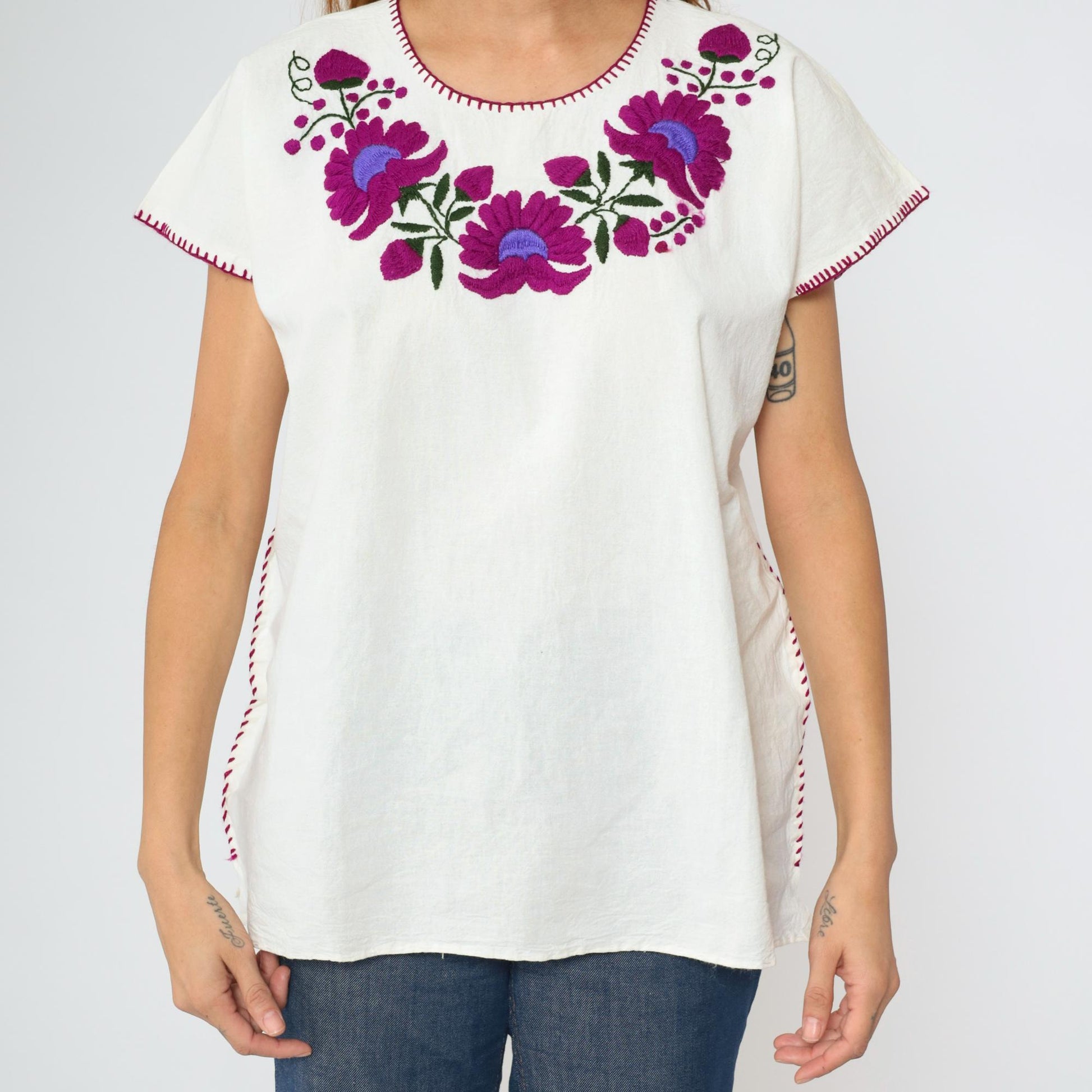 90s Mexican Embroidered Tunic Blouse White Purple Floral Large