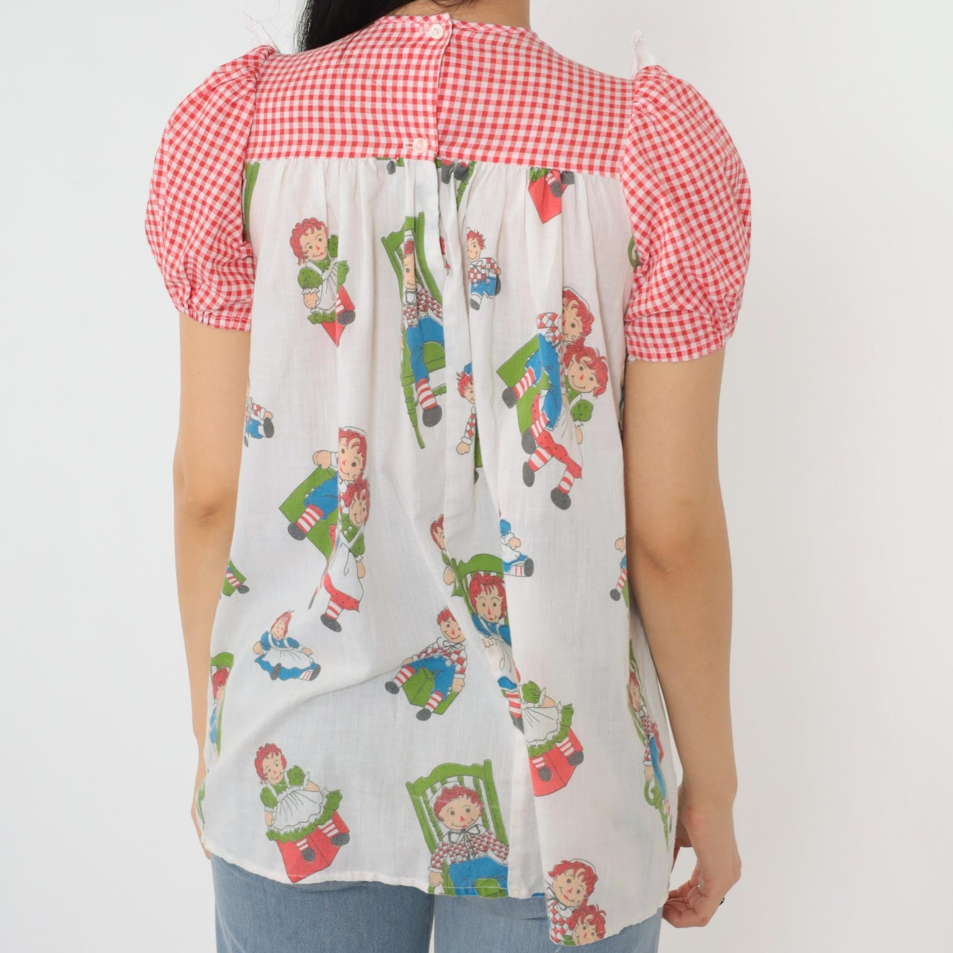 70s Raggedy Ann Pajama Shirt White Red Gingham Eyelet Puff Sleeve XXS