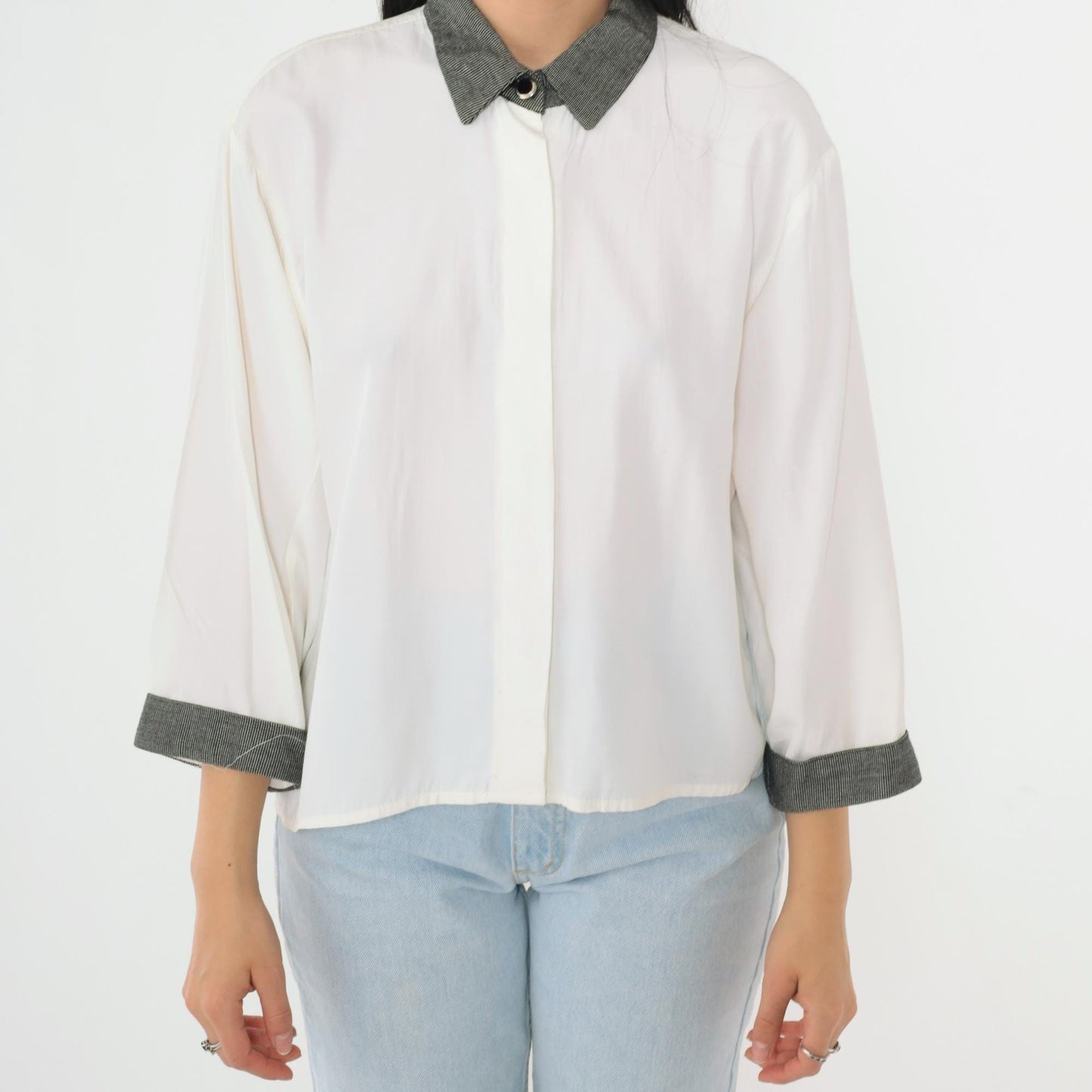 90s White Button-Up Blouse Black Check Collar Hidden Placket 3/4 Sleeve Large L