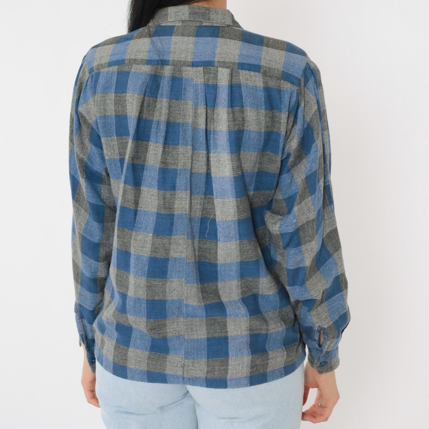 90s Buffalo Plaid Button-Up Shirt Blue Grey Checkered Cotton Small