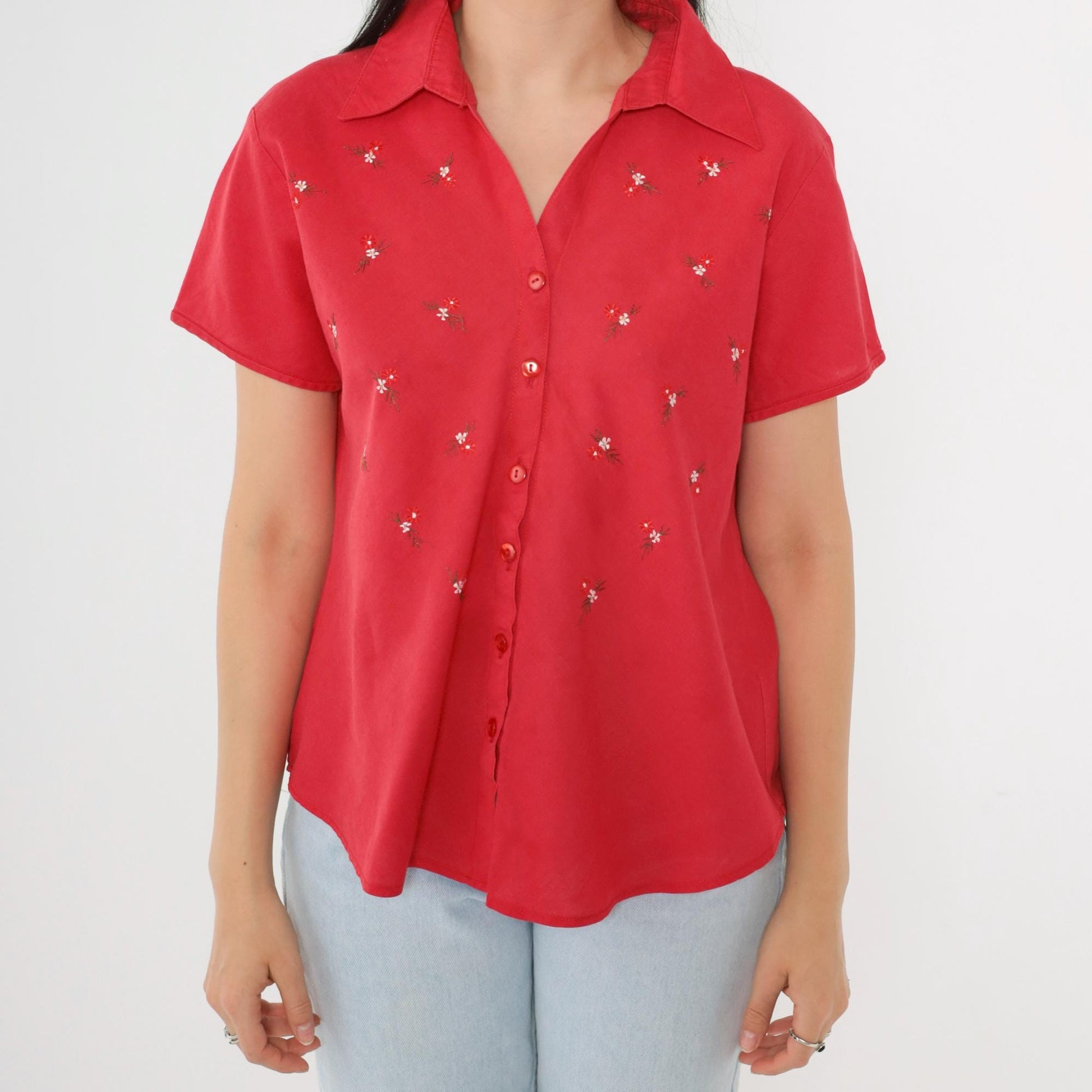 Banana Republic 90s Red Floral Embroidered Button-Up Blouse Short Sleeve Large L