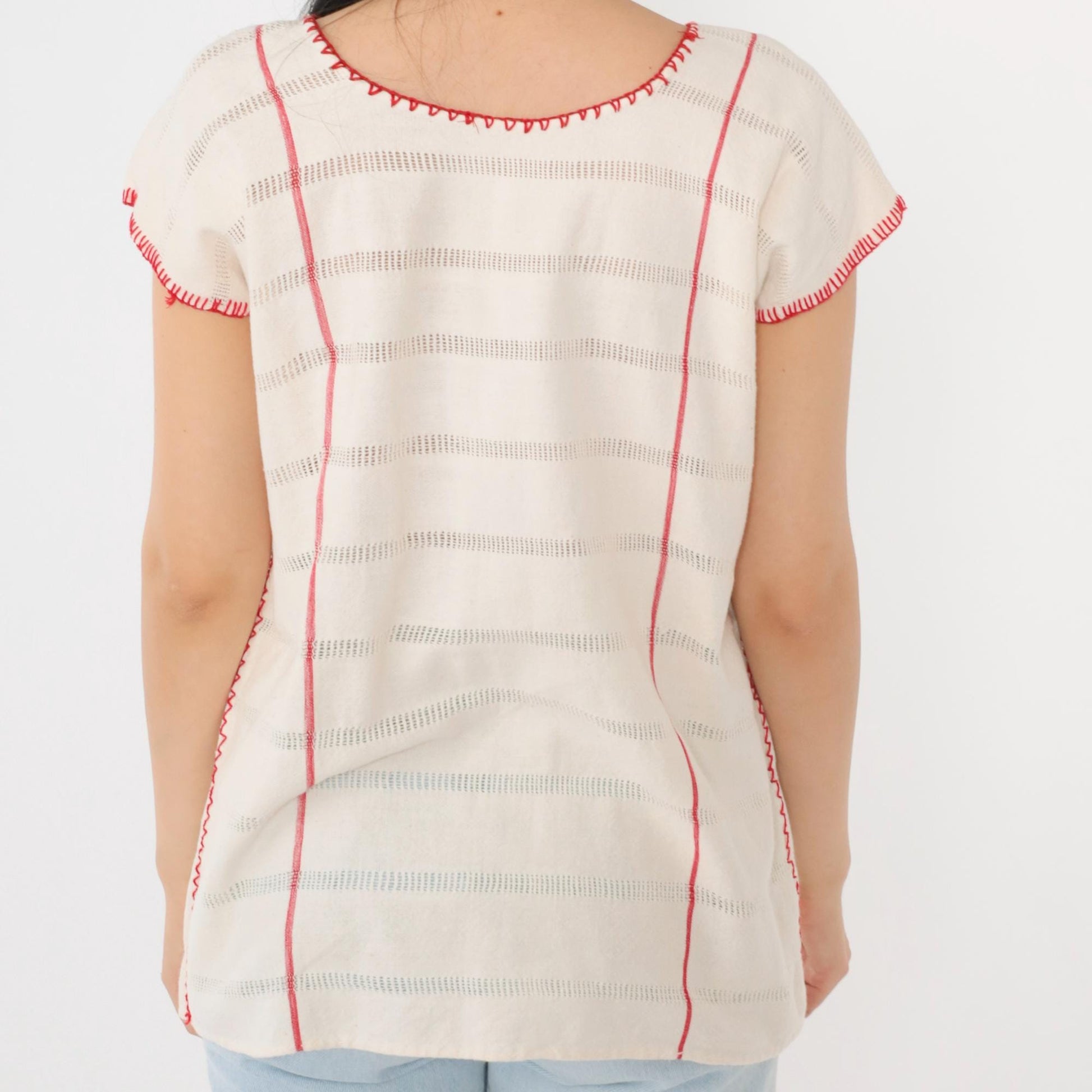 90s Mexican Embroidered Blouse Cream Geometric Cutwork Tunic Small