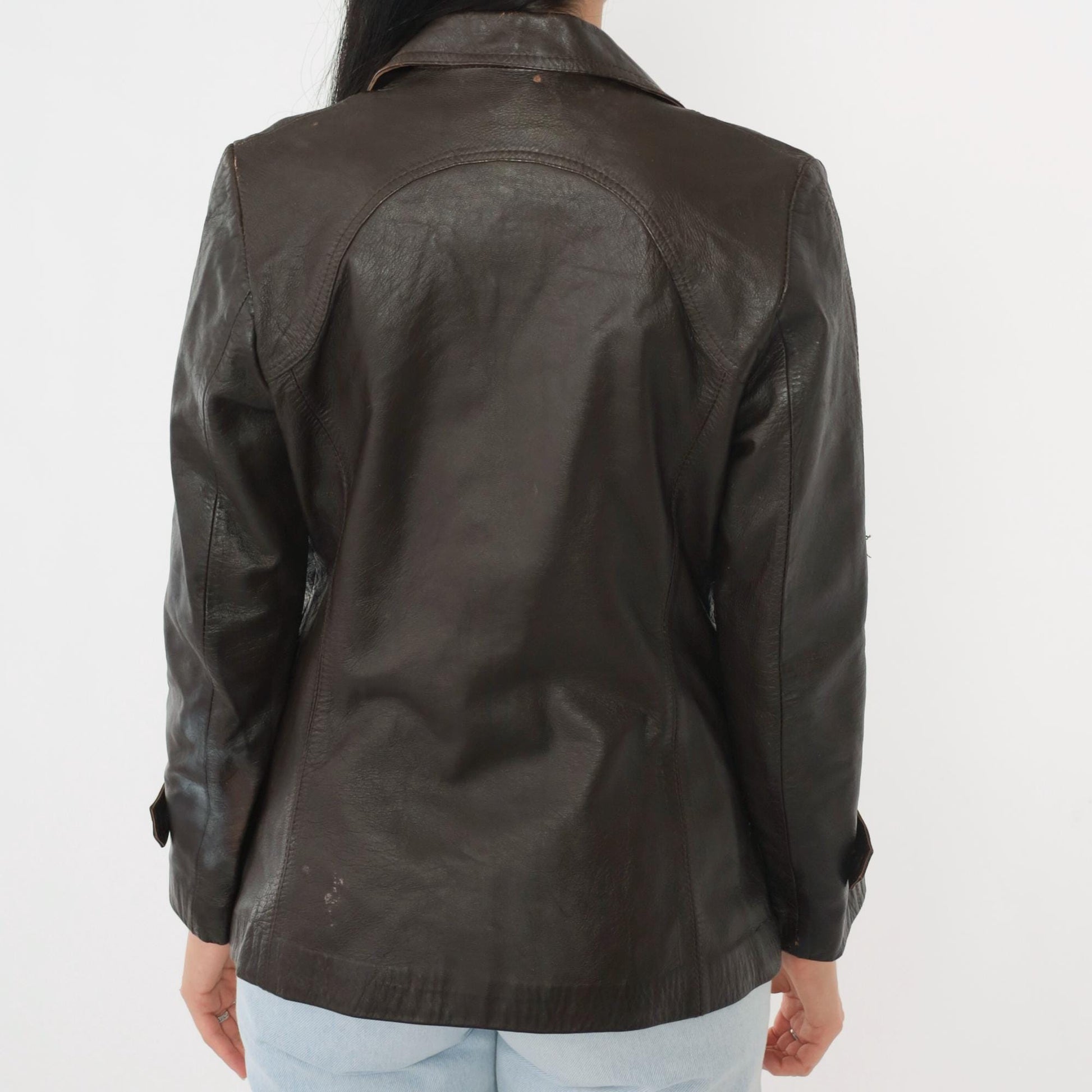 70s Golden Leaf Brown Leather Blazer V-Neck Tailored Jacket Small