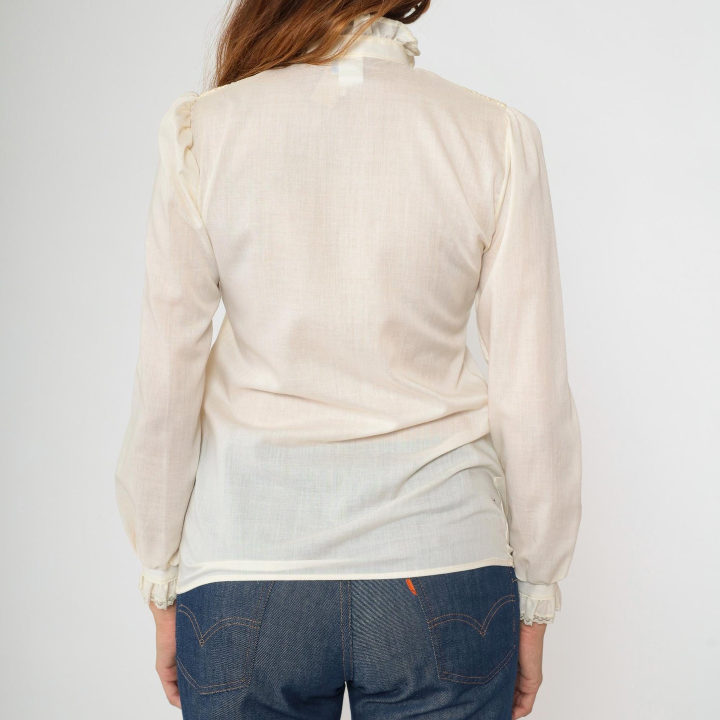 80s Cream Eyelet Lace Blouse Pearl Buttons Puff Sleeves Small