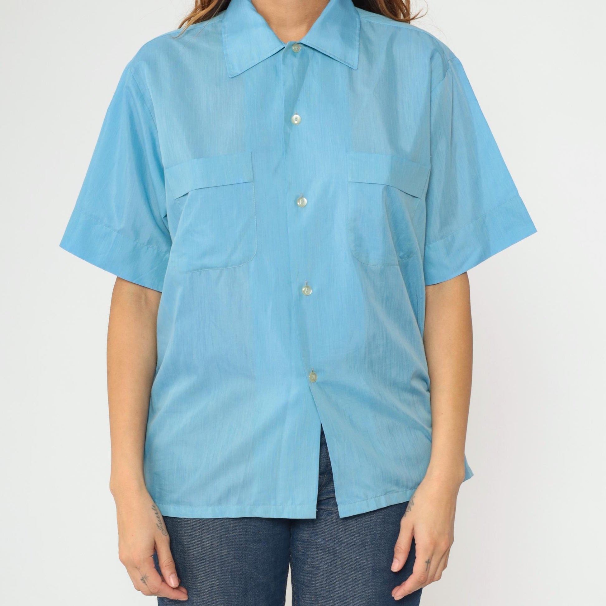 70s Crystalaire Blue Button-Up Shirt Short Sleeve Chest Pocket Men's Medium