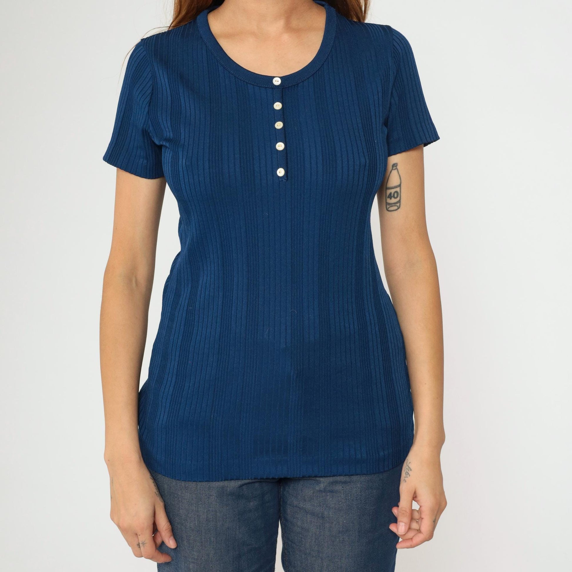 70s Navy Ribbed Polyester Baby Tee Scoop Neck Button Front Medium
