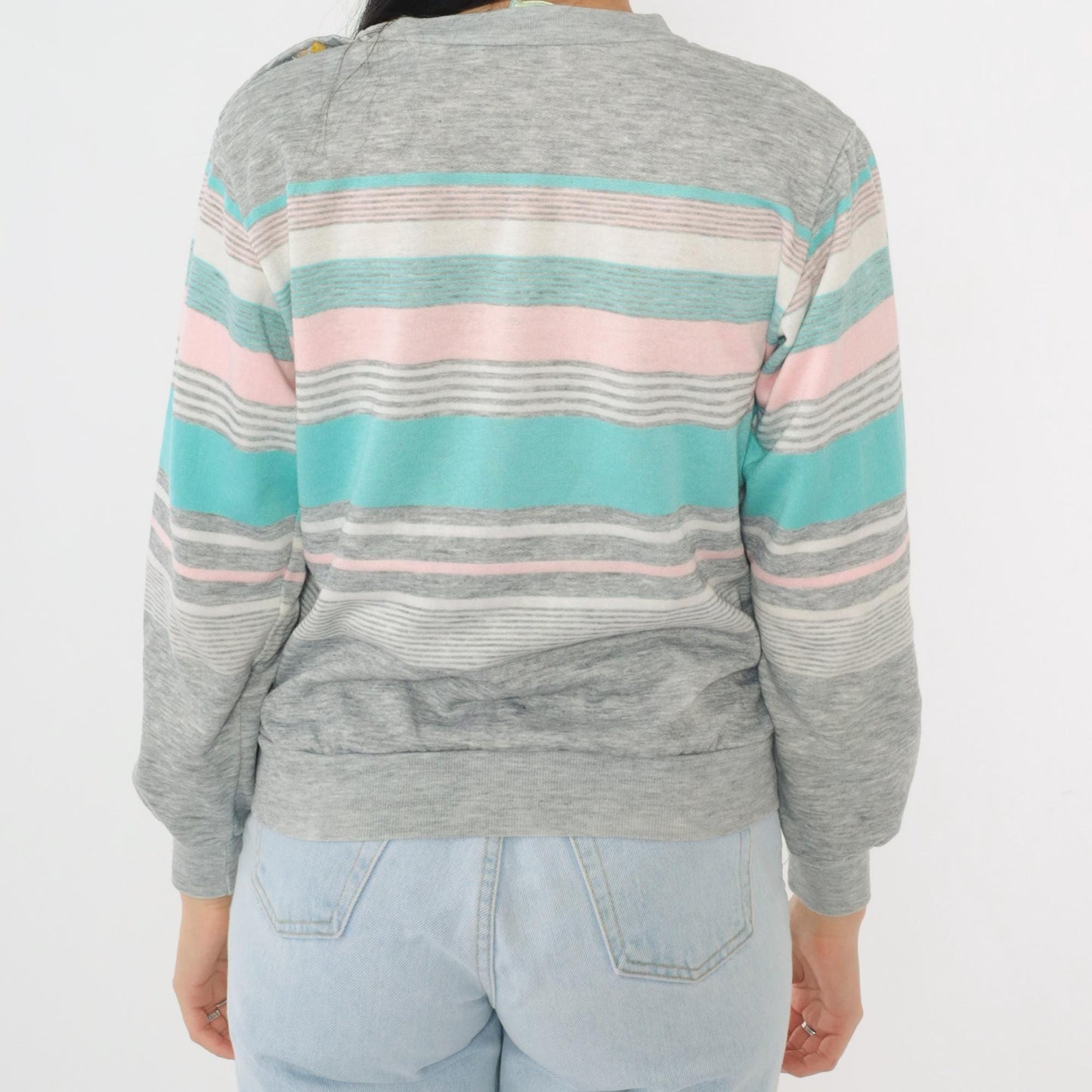 80s Striped Crewneck Sweatshirt Heather Grey Pink Turquoise Snap Shoulder Small
