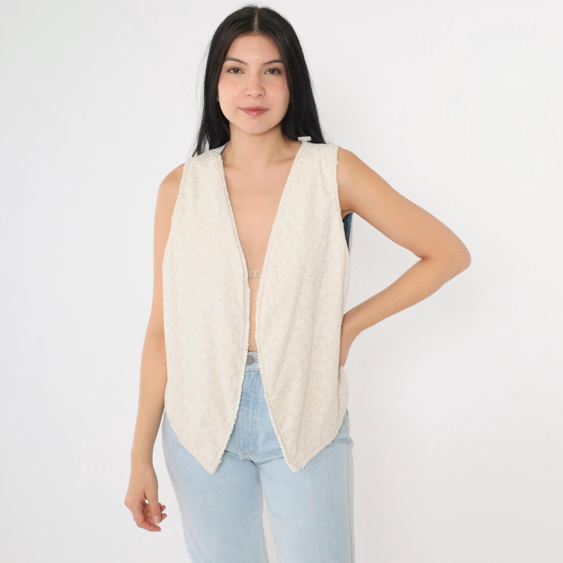 90s Reversible Vest White Nubby Texture Floral Chambray Denim Medium M