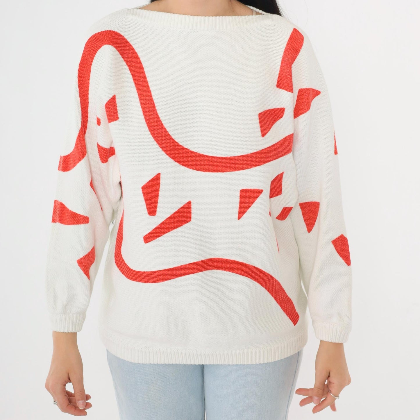 80s Richard & Co. Cotton Sweater Red Abstract Geometric Print Boatneck Small S