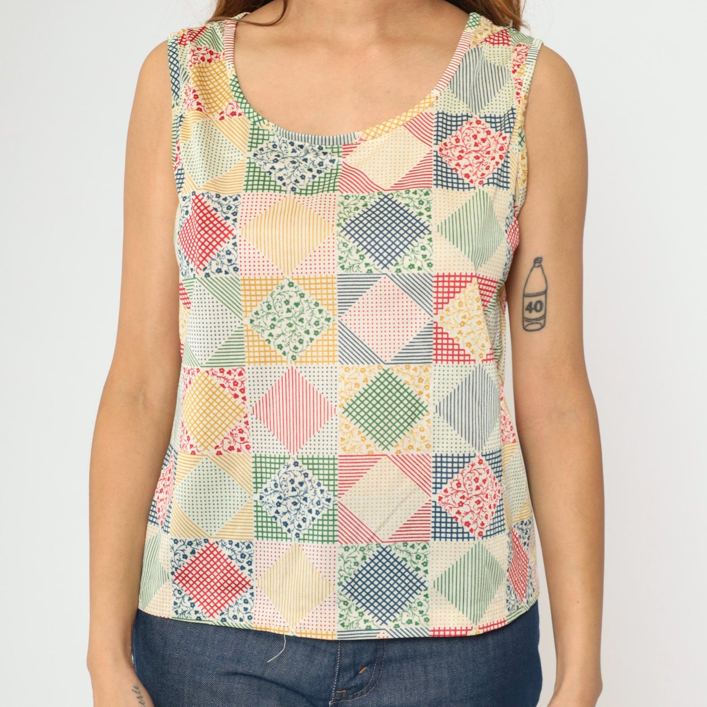 70s Patchwork Floral Tank Top Checkered Print Sleeveless Medium Large