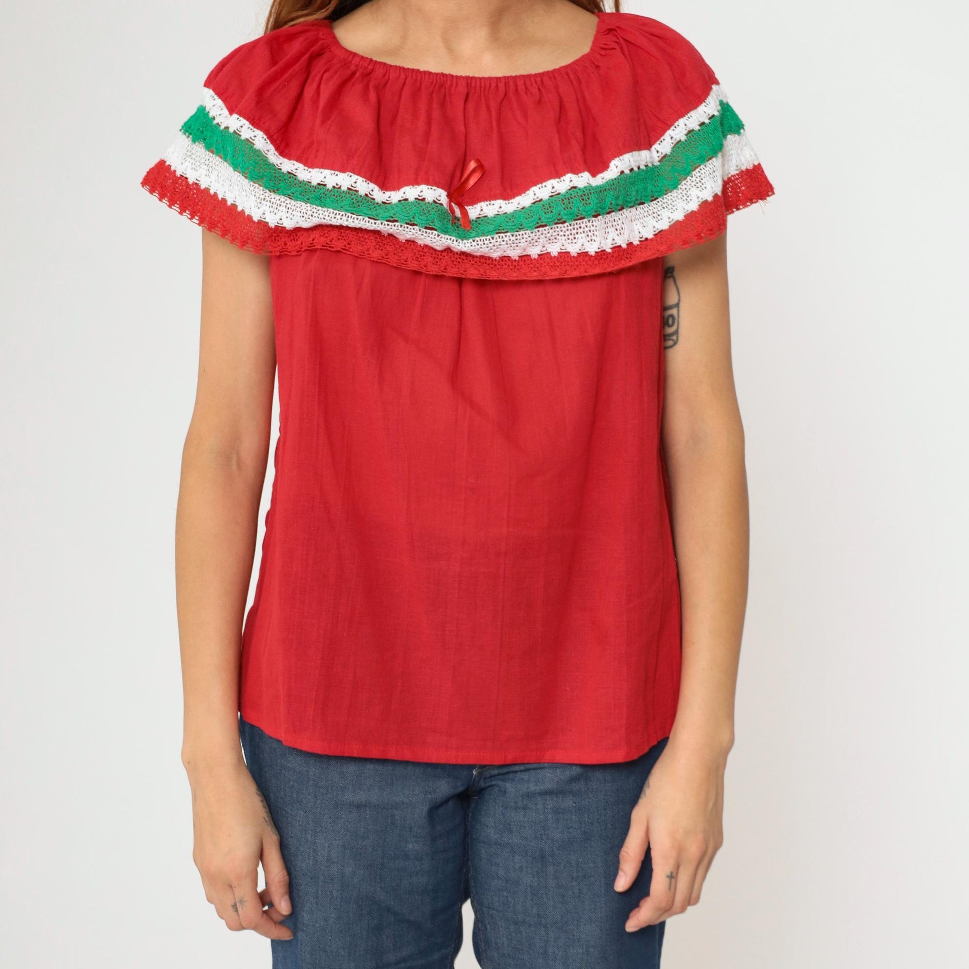 90s Red Mexican Peasant Blouse Crochet Lace Off-Shoulder Small Medium