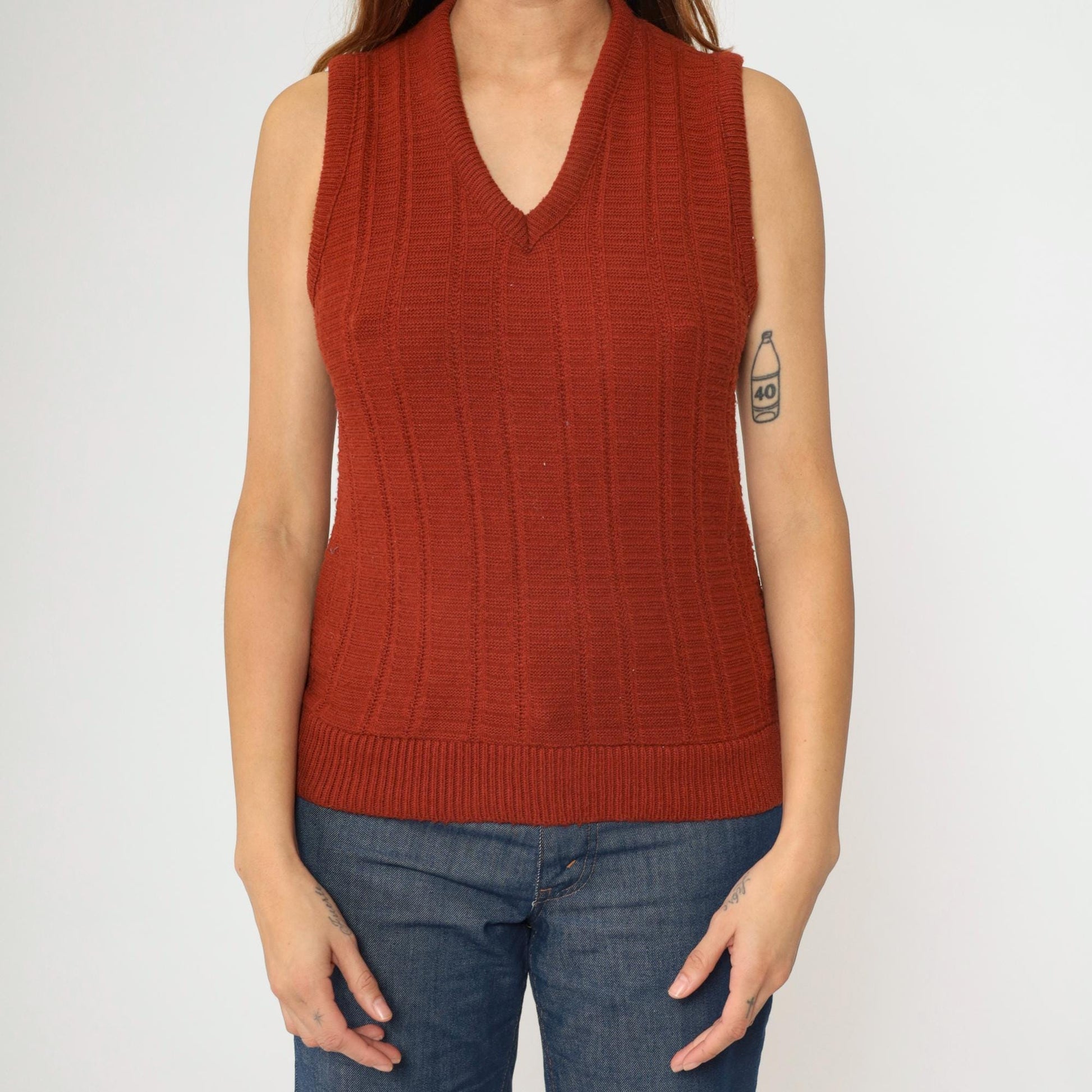 80s Montgomery Ward Rust Acrylic Knit Vest V-Neck Sleeveless Pullover Small