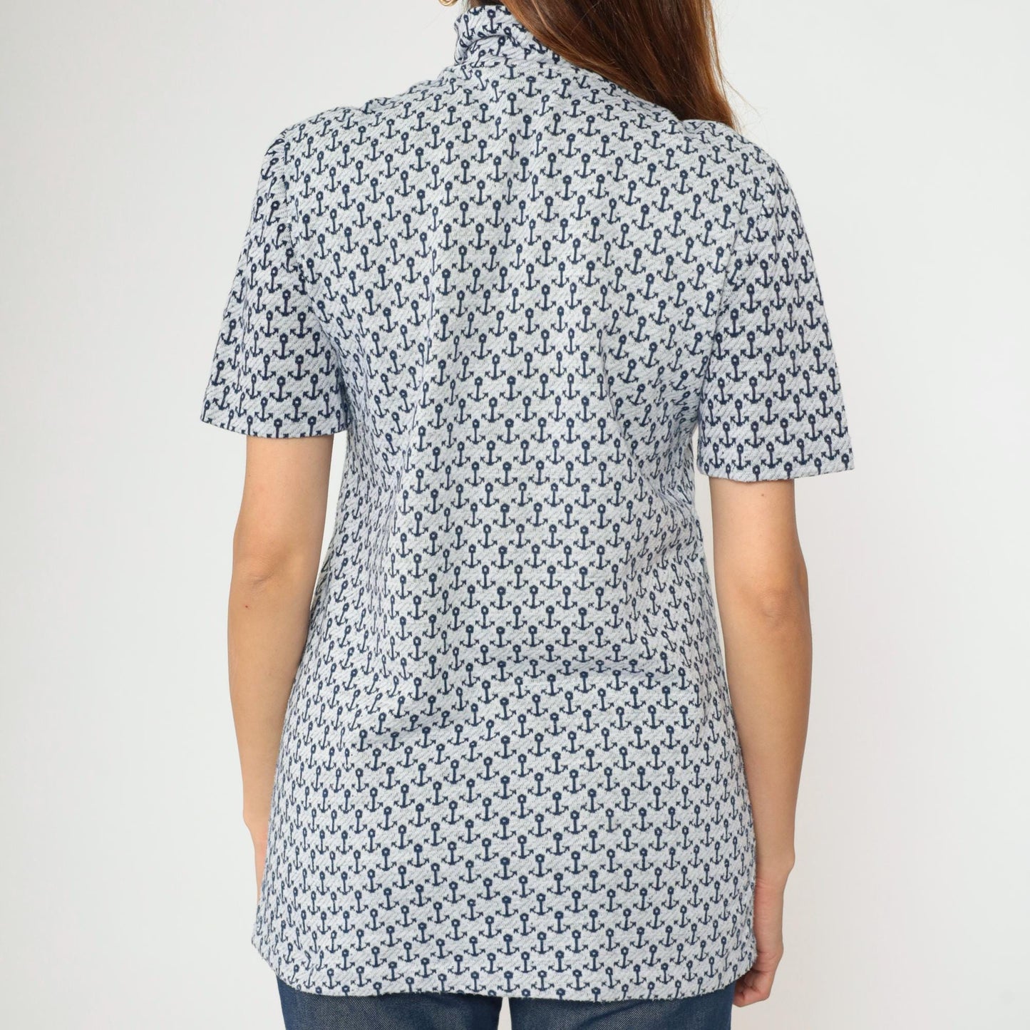 70s Nautical Anchor Print Quarter Zip Collared Top Blue Short Sleeve Medium Tall