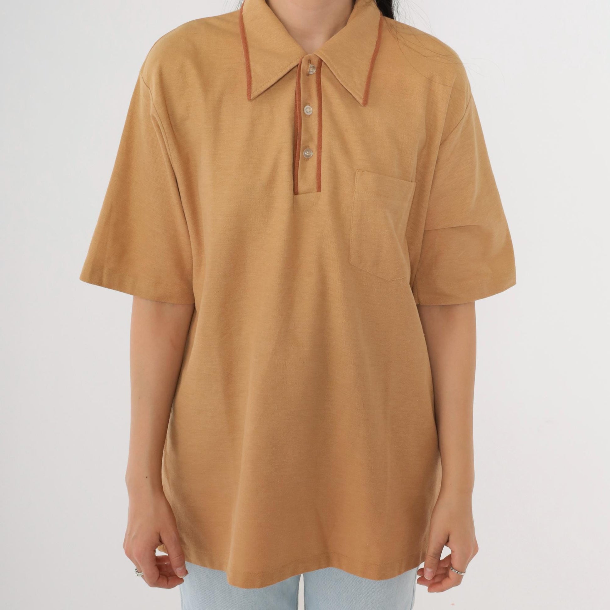 70s Tan Polo Shirt Brown Trim Collared Short Sleeve Men's Large