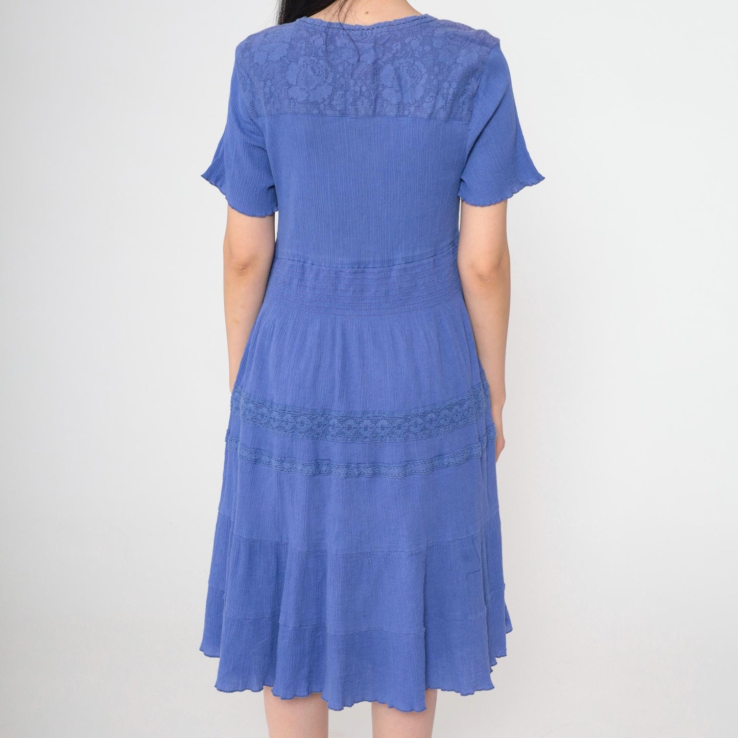 Y2K Blue Midi Dress Tiered Lace Trim V-Neck Short Sleeve Medium M