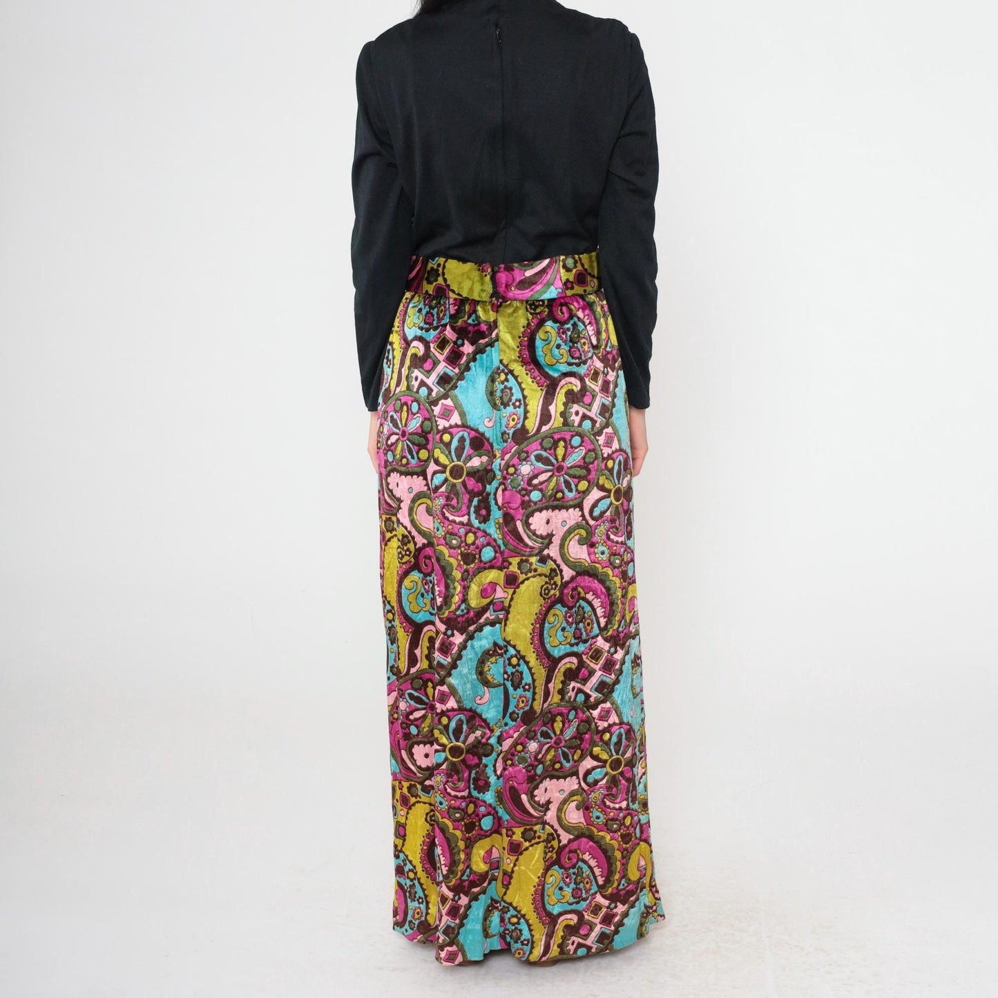 70s Psychedelic Velvet Paisley Maxi Dress Black High Waist Long Sleeve Front Slit Small