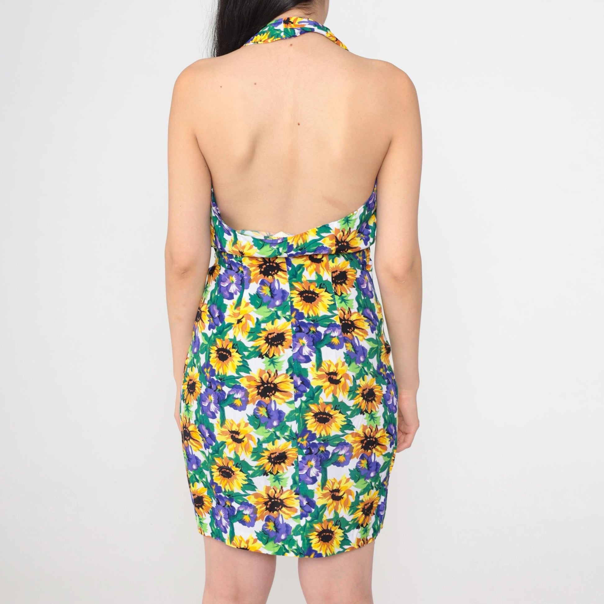 90s Fredericks of Hollywood Floral Halter Mini Dress Sunflower Wrap Medium