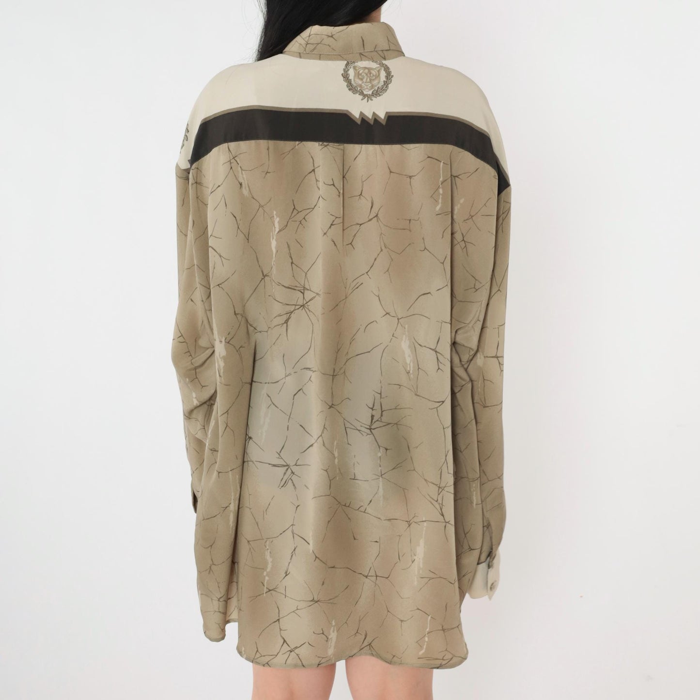 90s Platini Jeans Cougar Emblem Button-Up Shirt Tan Crackle Print Extra Large XL
