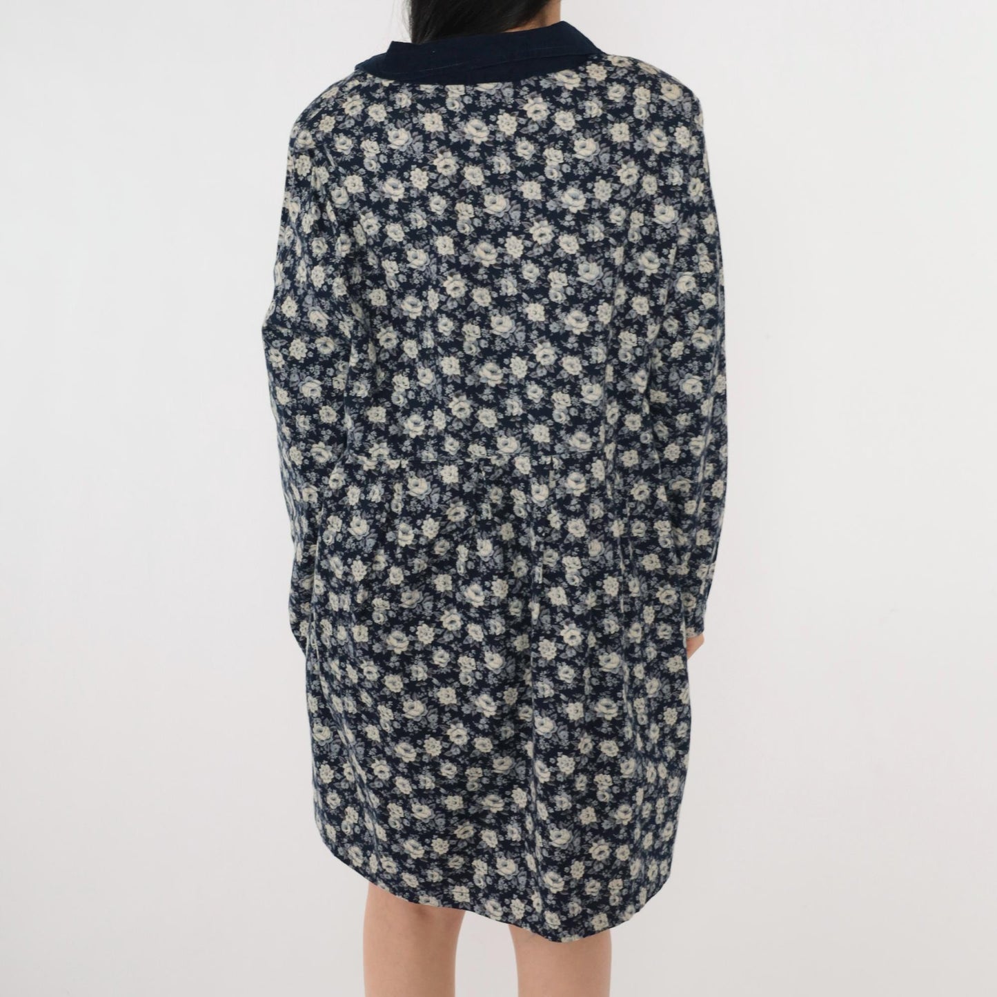 90s Navy Floral Button-Up Dress Corduroy Collar Long Sleeve Mini Extra Large