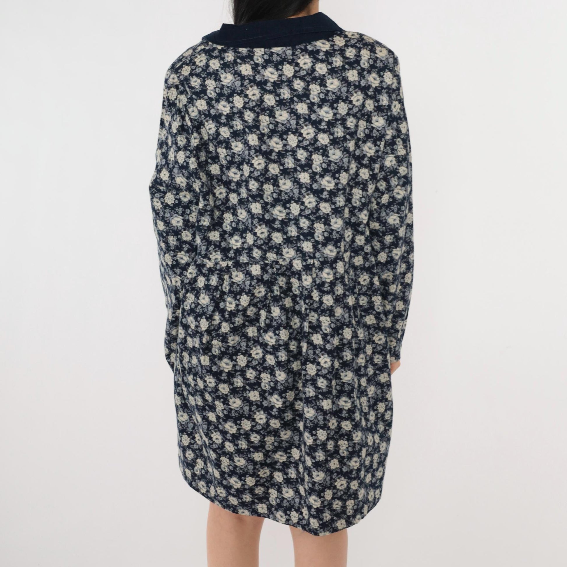 90s Navy Floral Button-Up Dress Corduroy Collar Long Sleeve Mini Extra Large